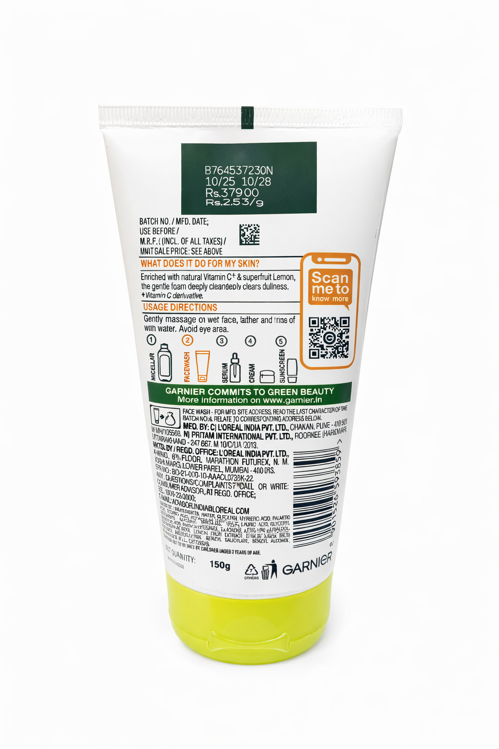 Garnier Bright Complete Vitamin C Face Wash for Instant Brightness, Deep Cleansing & Glowing Skin | Removes Dirt, Oil & Impurities | Suitable for All Skin Types