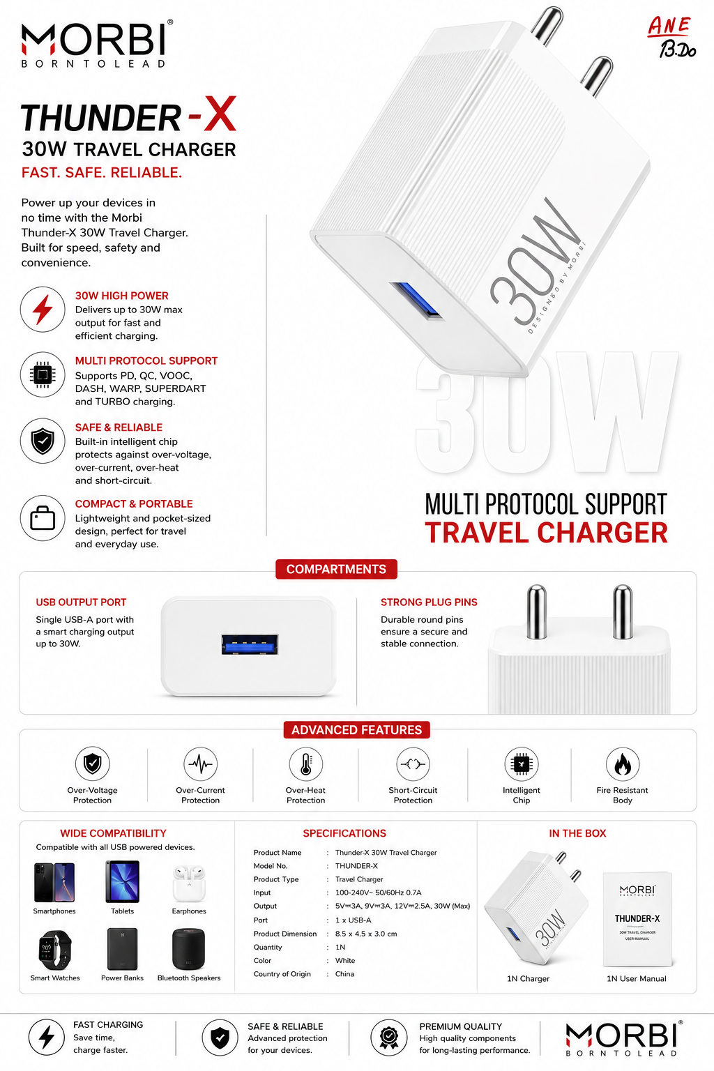 MORBI Thunder-X 30W Fast Travel Charger, USB-A Wall Charger with PD QC VOOC DASH WARP SuperDart & Turbo Charging Support, Intelligent Safety Protection, Compact Portable Charger Adapter for Smartphone, Tablet, Earbuds, Smartwatch & Power Bank