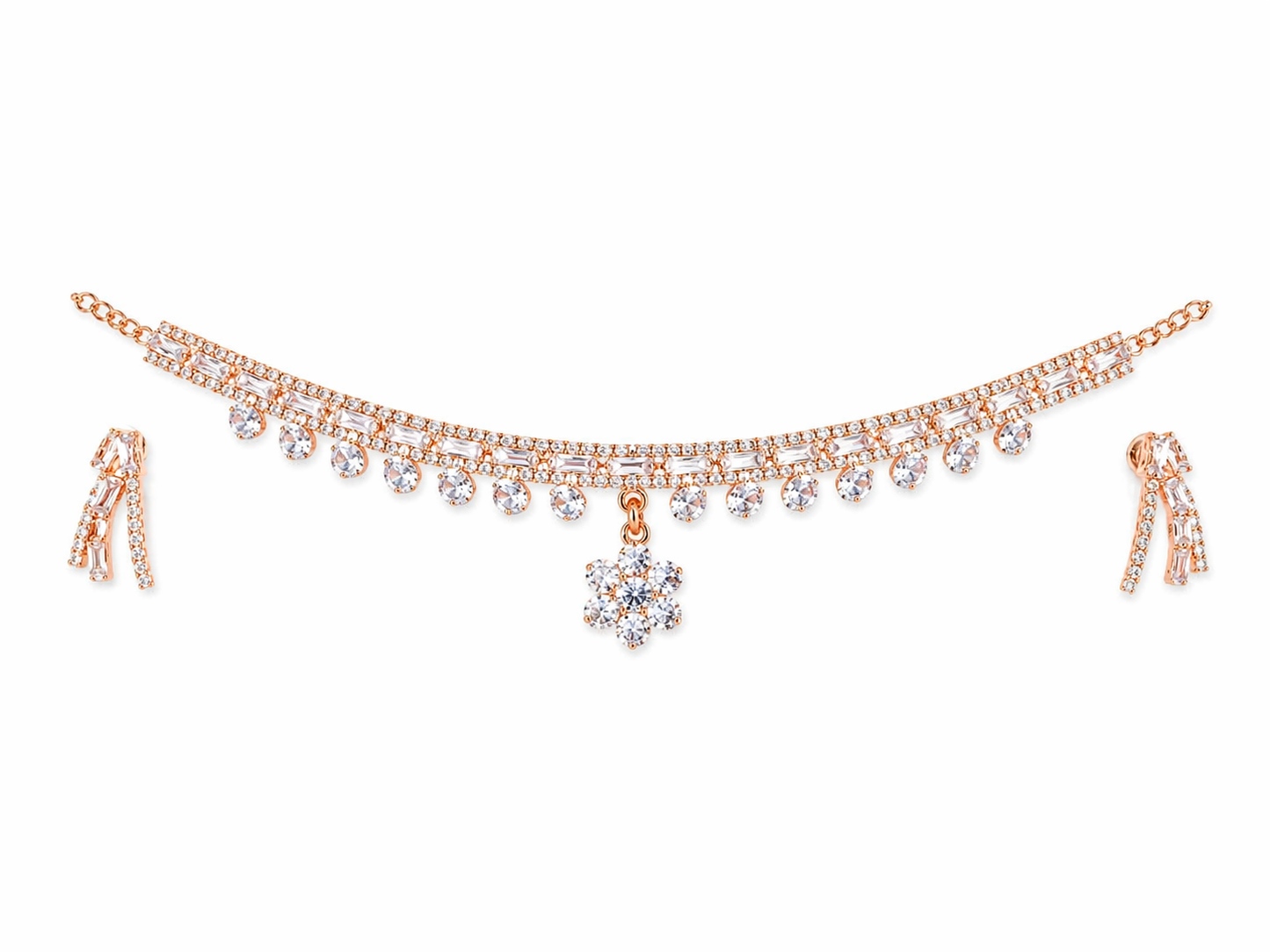 Harmal Store Elegant Rose Gold Jewelry Set – Premium Cubic Zirconia Floral Necklace with Matching Tassel Earrings for Weddings, Anniversaries, and Special Occasions