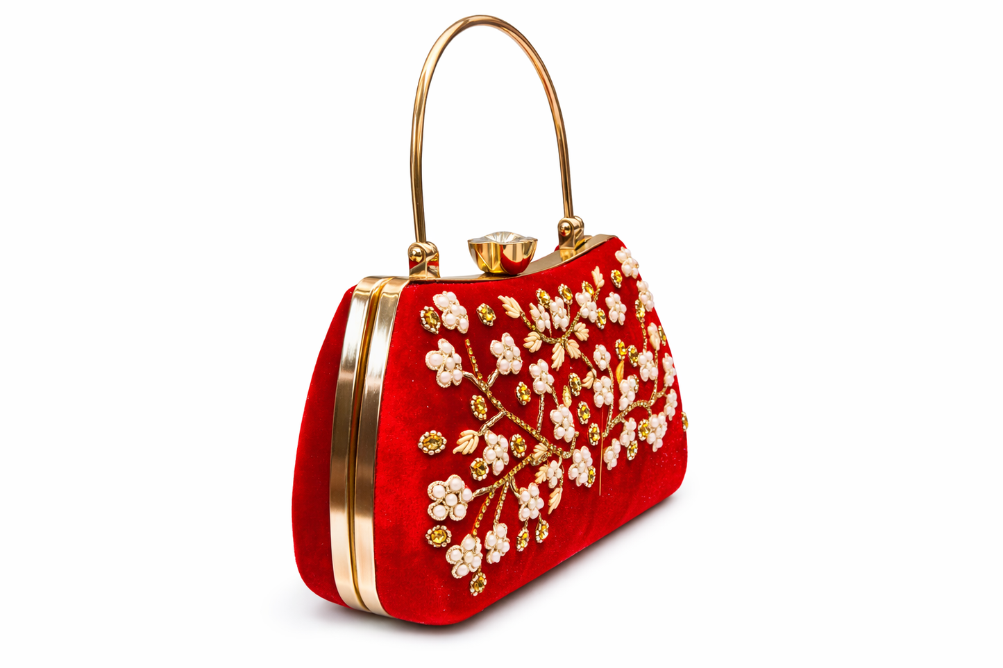 Red Velvet Evening Handbag for Women | Luxury Embroidered Clutch with Pearl & Crystal Design |
