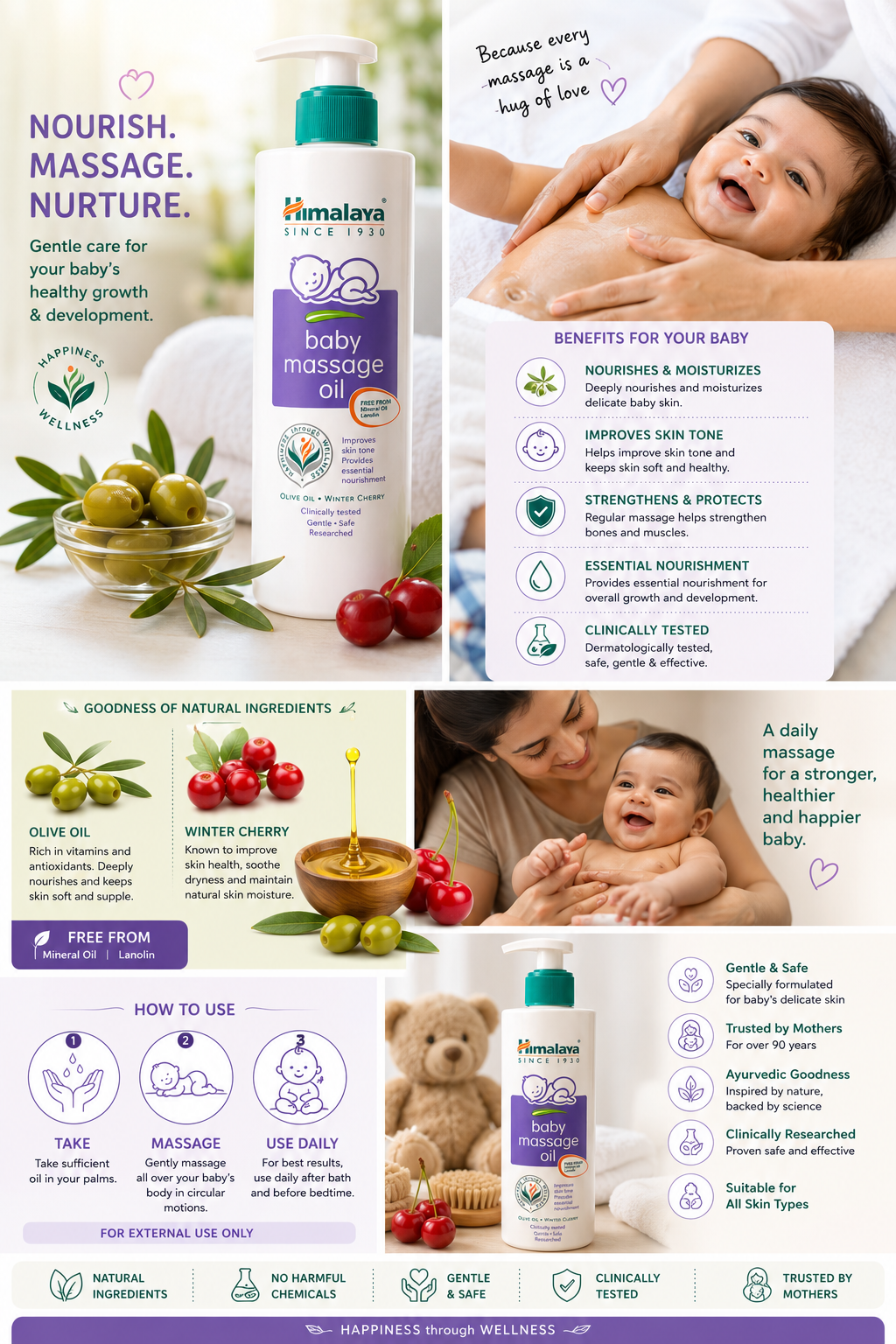 Himalaya Baby Massage Oil with Olive Oil & Winter Cherry, Nourishes & Moisturizes Baby Skin, Gentle Daily Massage Oil, Mineral Oil & Lanolin Free, 500 ml
