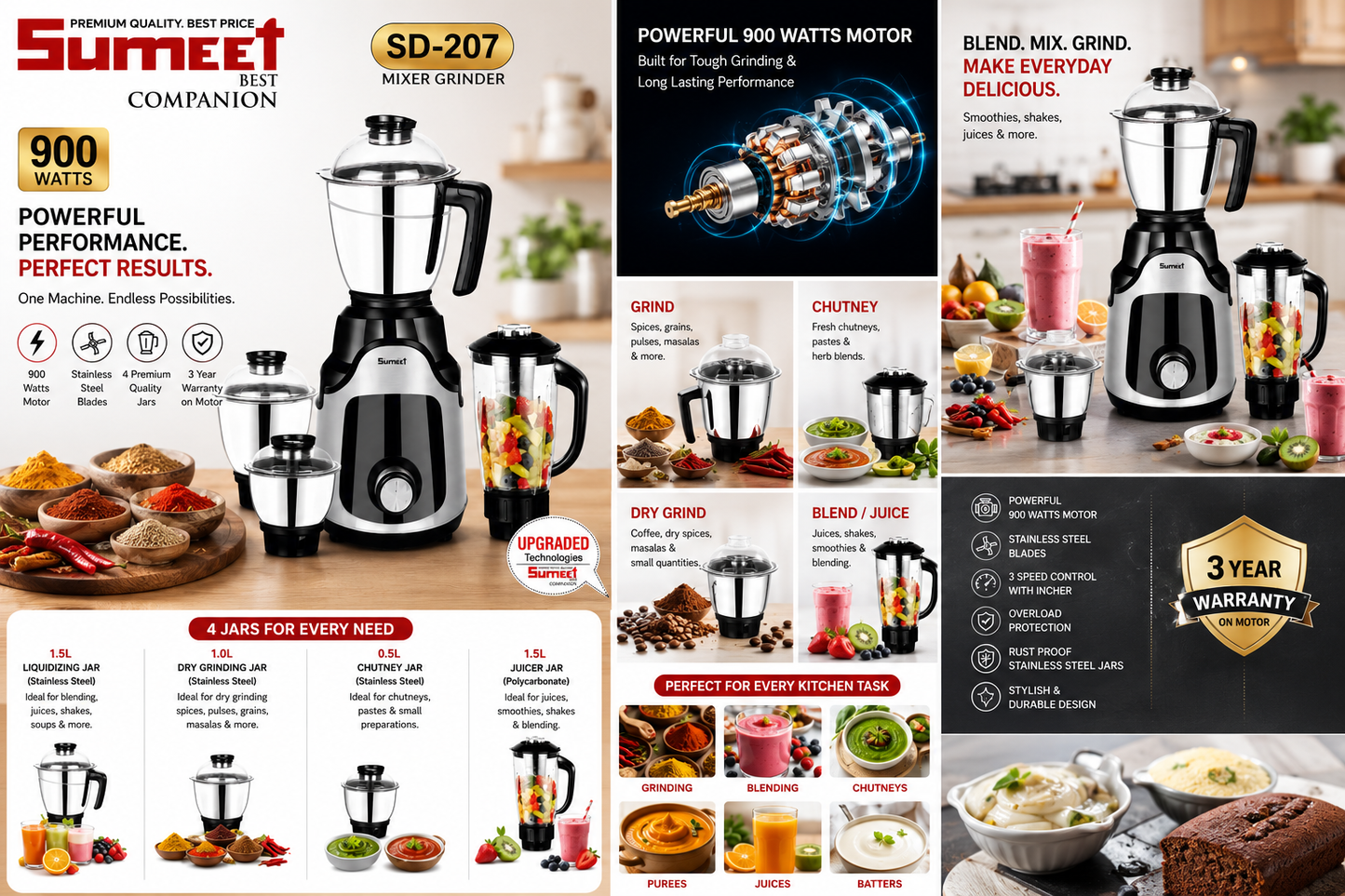 Sumeet SD-207 Mixer Grinder 900 Watts | 4 Jars Including Juicer Jar | Stainless Steel Jars | 3 Speed Control with Incher | Heavy Duty Motor | Overload Protection | 3 Years Warranty