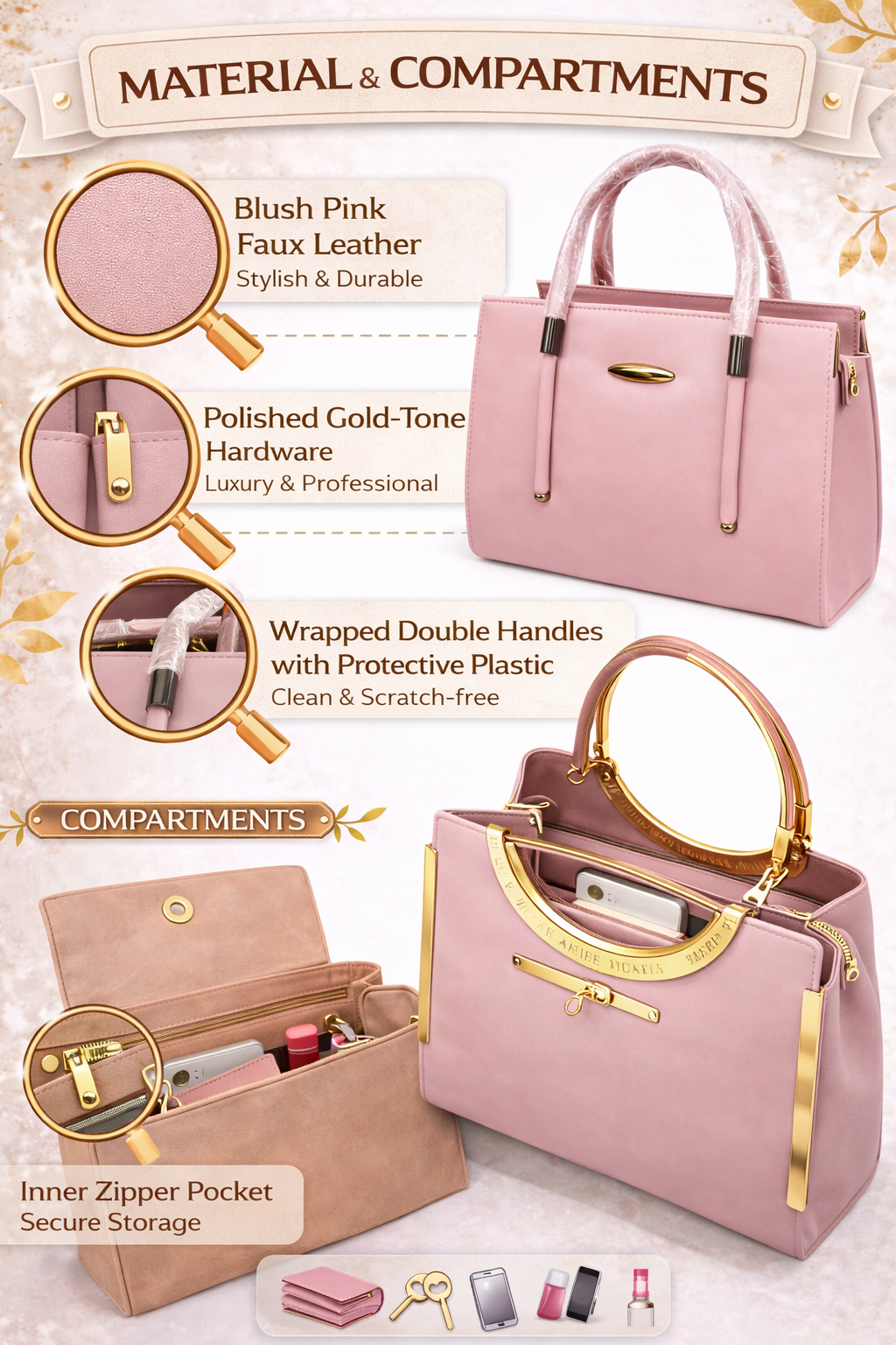 Harmal Store Women’s Blush Pink Faux Leather Handbag | Elegant Top Handle Purse with Gold-Tone Hardware