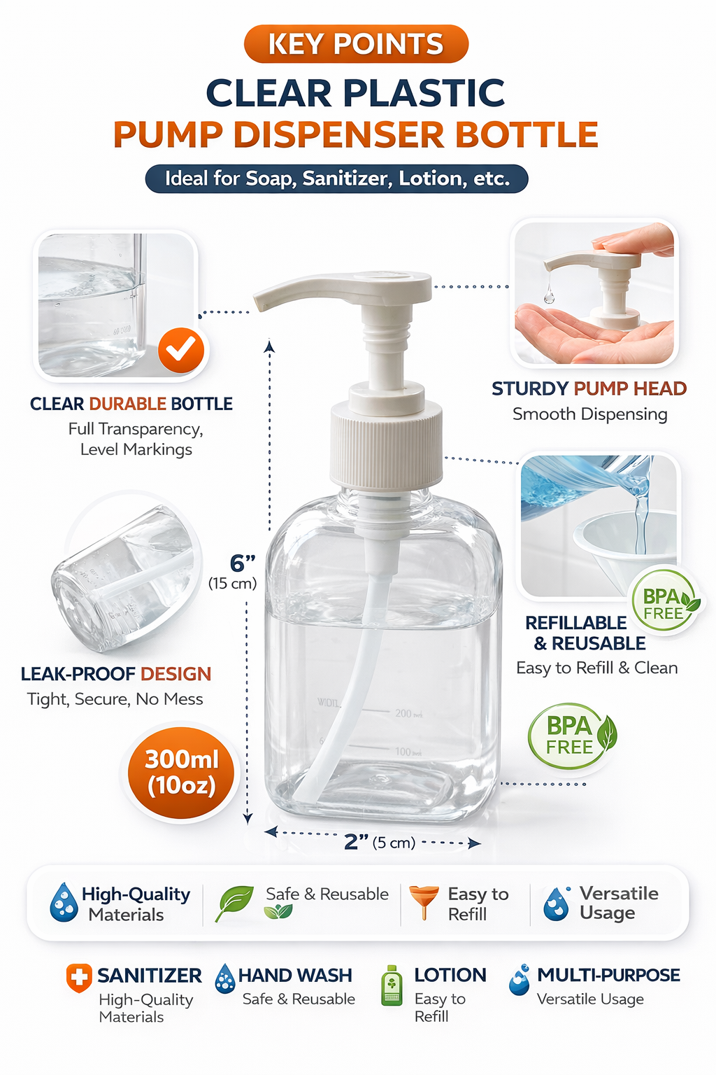 Clear Plastic Pump Dispenser Bottle 300ml | Refillable Soap, Sanitizer & Lotion Pump Bottle