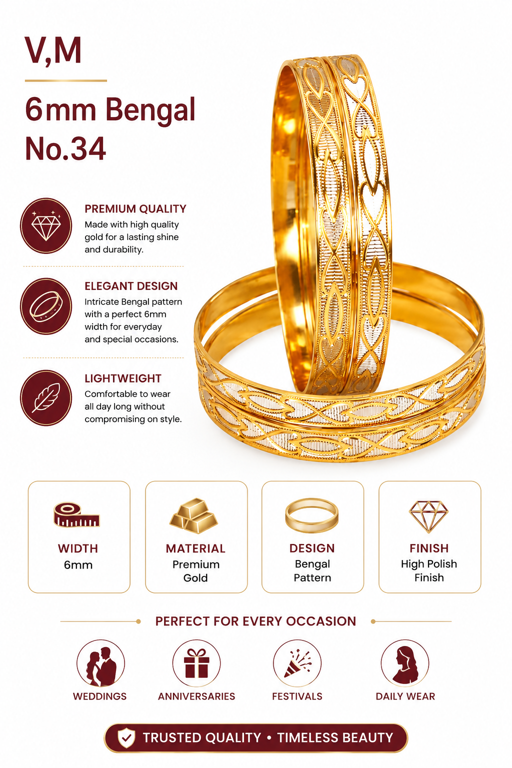 Harmal Store V,M 6mm Gold Plated Bangle Set for Women – Intricate Traditional Bengal Pattern Kada Bracelets, Lightweight High Polish Daily Wear Jewelry for Weddings and Festivals