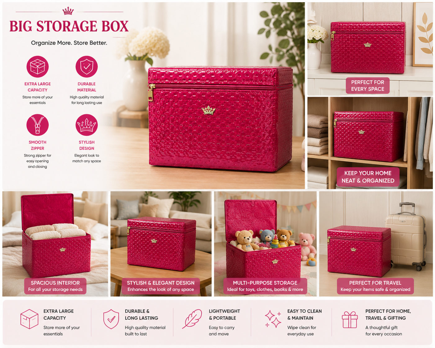 Premium Foldable Storage Box with Zipper Lid | Large Capacity Organizer for Clothes, Blankets & Toys | Waterproof Storage Chest | Multipurpose Home Storage Container | Pink