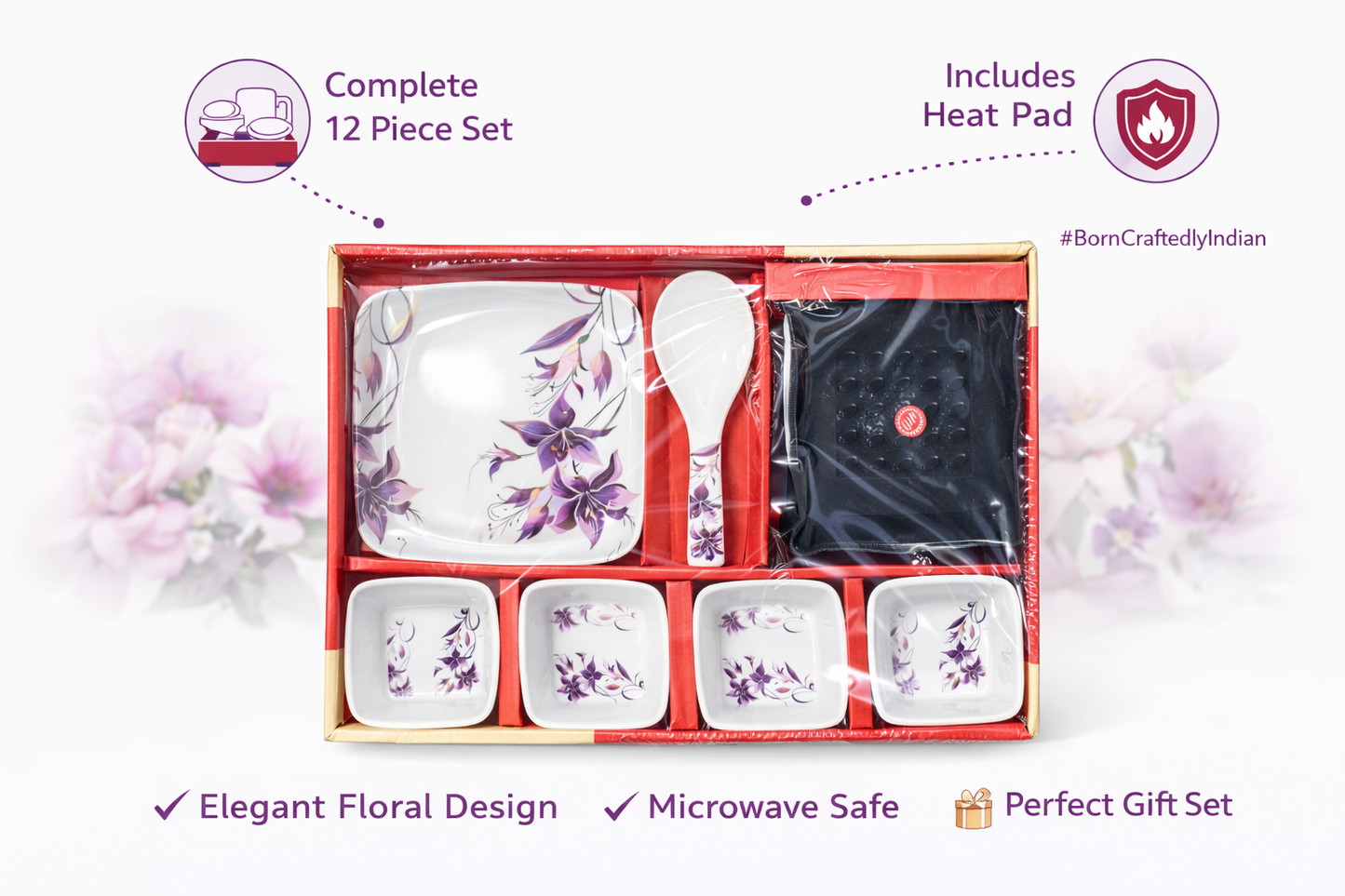 12 Piece Serving Set with Tray & Spoon | Floral Design Ceramic Bowls Set