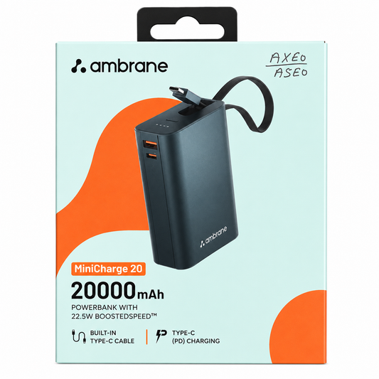 Ambrane MiniCharge 20 Power Bank 20000mAh with Built-in Type-C Cable, 22.5W Fast Charging, USB-A & USB-C Dual Output, Type-C PD Charging, Multi-Protection, Black & Grey