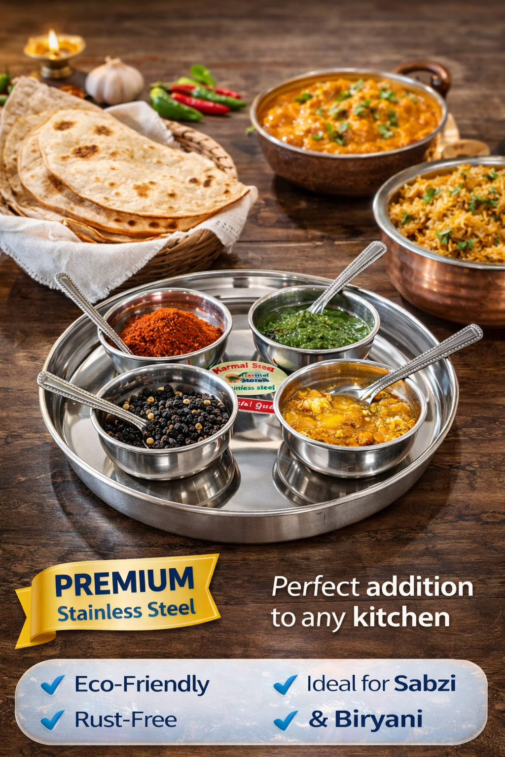 Stainless Steel Serving Set with Tray (4 Bowls + 4 Spoons) | Rust-Resistant Mini Katori Set for Chutney, Spices & Serving | Durable Steel Dinnerware Set