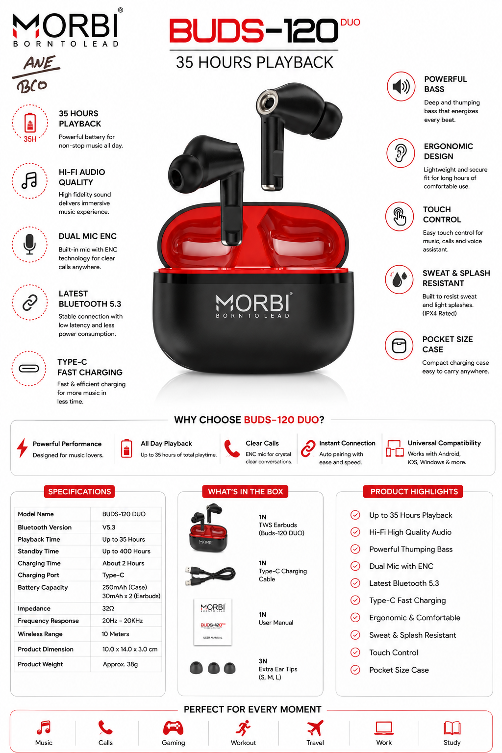Morbi BUDS-120 DUO True Wireless Earbuds, Bluetooth 5.3, Up to 35 Hours Playback, Hi-Fi Audio, Powerful Bass, Dual Mic ENC, Touch Control, Type-C Fast Charging, IPX4 Sweat & Splash Resistant