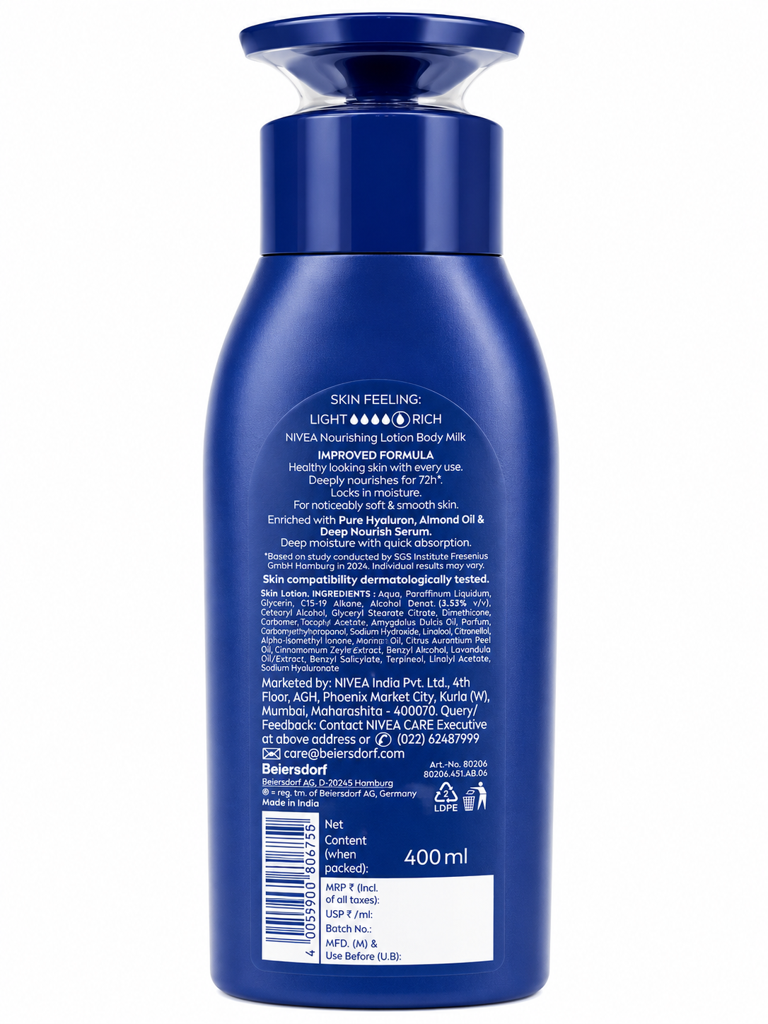 NIVEA Nourishing Body Milk Lotion for Dry to Very Dry Skin | 72-Hour Moisture Care | With Pure Hyaluron, Almond Oil & Deep Nourish Serum | Fast Absorbing Body Lotion | 400ml