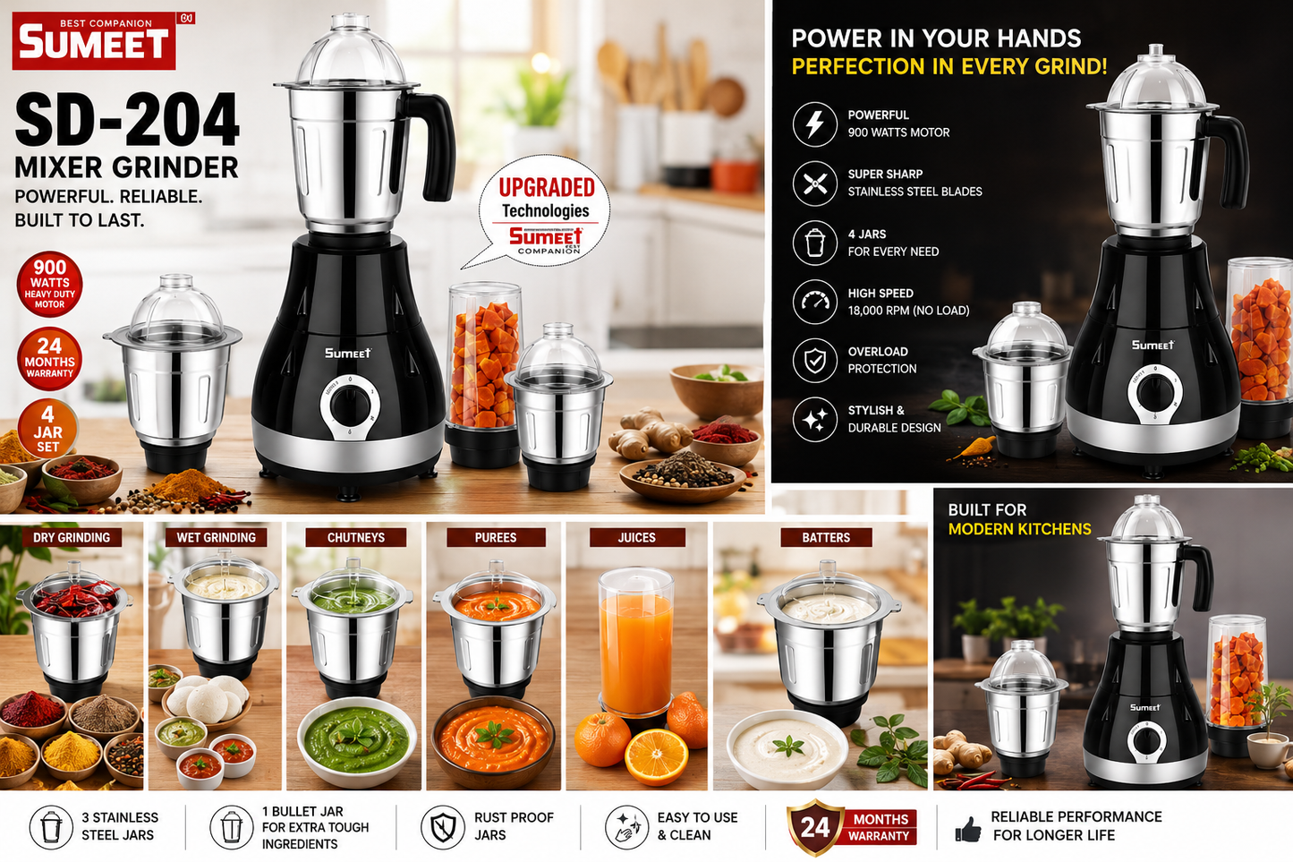 Sumeet SD-204 Mixer Grinder 900 Watts with 4 Jars, Stainless Steel Blades, Heavy Duty Copper Motor, 18000 RPM High Speed, Overload Protection, Black