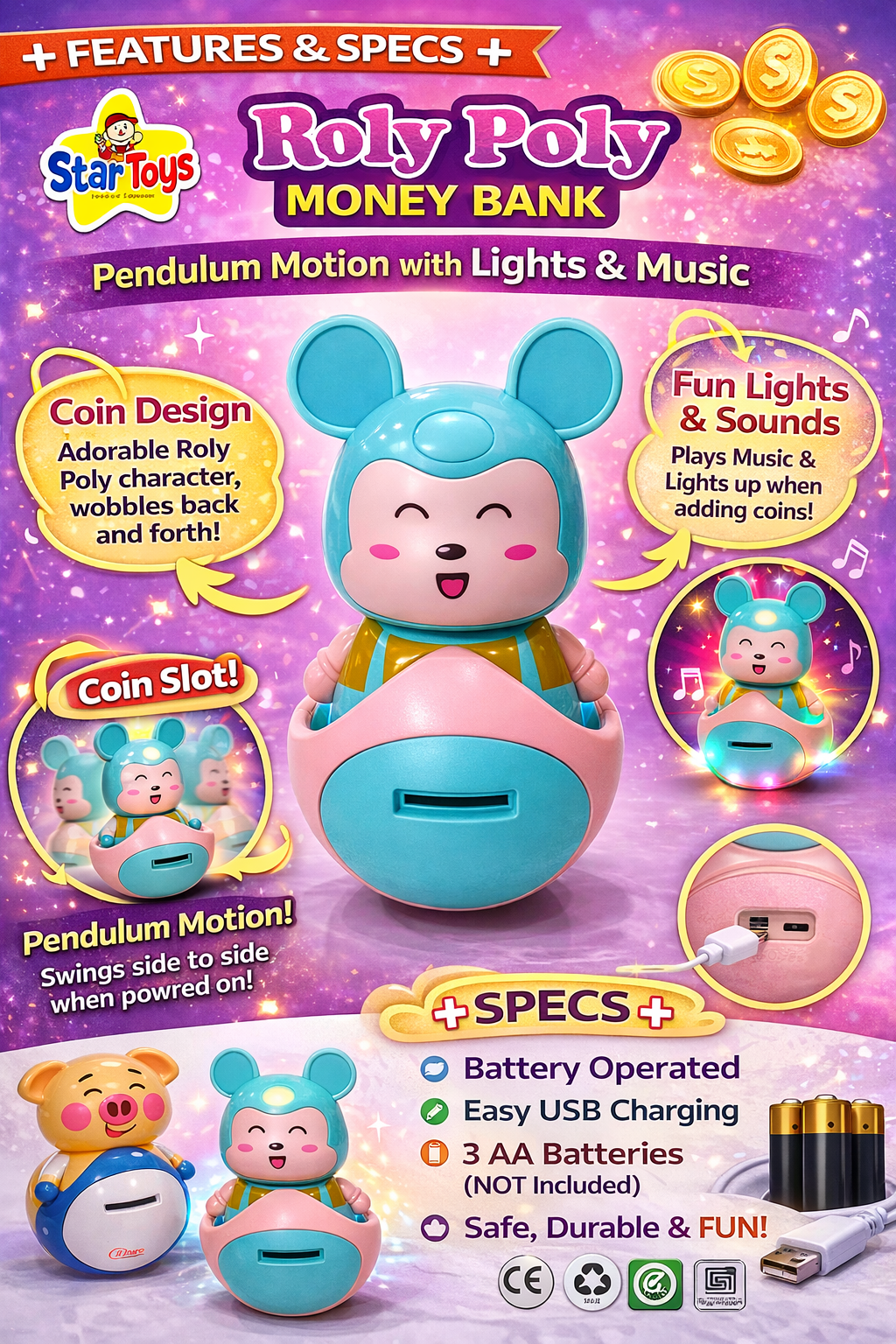 Roly Poly Money Bank Toy for Kids with Lights & Music – Cute Coin Saving Box with Pendulum Motion, USB Charging, Battery Operated Piggy Bank for Boys & Girls (3+ Years)