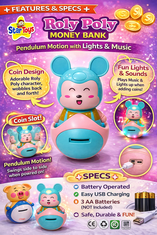 Roly Poly Money Bank Toy for Kids with Lights & Music – Cute Coin Saving Box with Pendulum Motion, USB Charging, Battery Operated Piggy Bank for Boys & Girls (3+ Years)