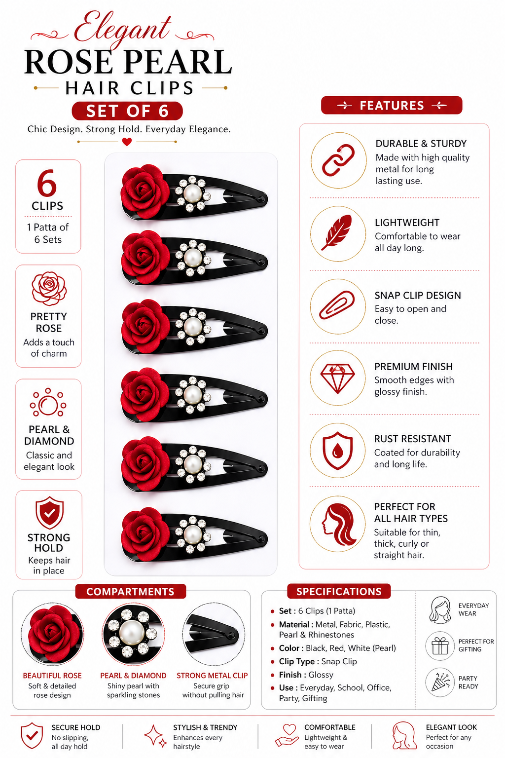 Harmal Store Elegant Rose Pearl Hair Clips – 12-Piece Set (1 Patta) of Chic Floral Snap Clips with Sparkling Rhinestones and Classic Pearls –