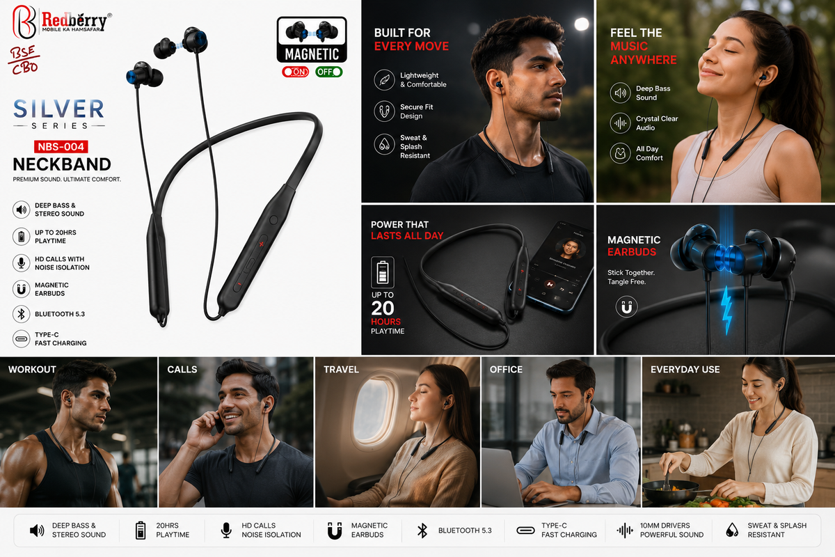 Redberry NBS-004 Bluetooth Neckband Earphones, Up to 20 Hours Playback, Bluetooth 5.3, Deep Bass Stereo Sound, 10mm Drivers, HD Calls with Noise Isolation, Magnetic Earbuds, Type-C Fast Charging, Sweat & Splash Resistant
