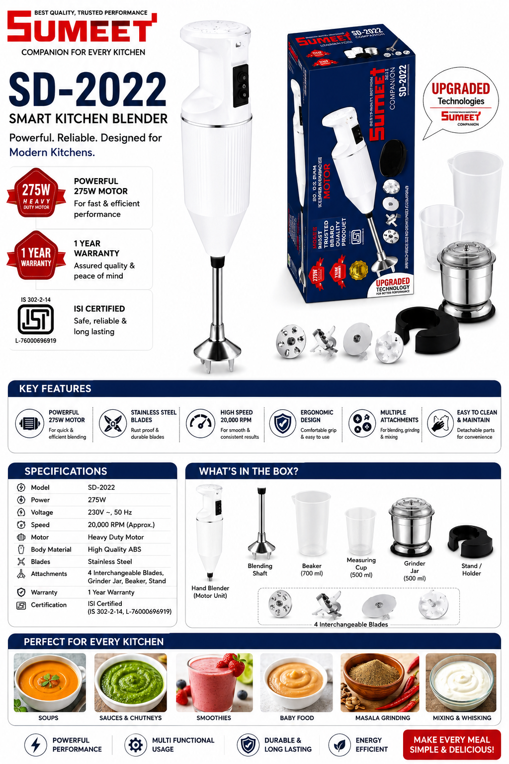 Sumeet SD-2022 Smart Kitchen Blender 275W | Hand Blender with Stainless Steel Blending Shaft | 4 Interchangeable Blades | Grinder Jar, Beaker & Measuring Cup Included | ISI Certified | 1 Year Warranty