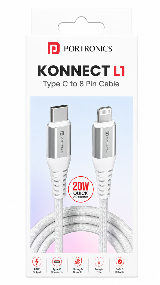 ortronics Konnect L1 Type C to 8 Pin Cable, 20W Fast Charging & 480Mbps Data Transfer, Nylon Braided Cable with Aluminum Alloy Connectors, 1 Meter, White