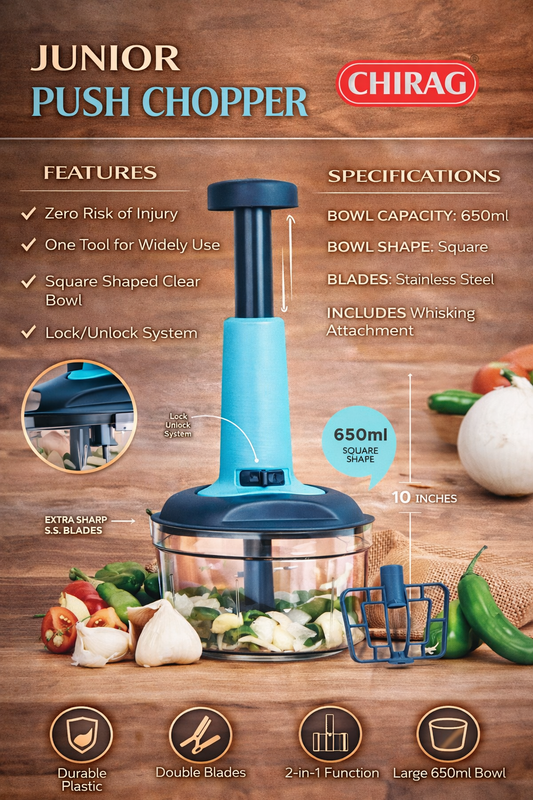 Chirag Junior Push Chopper 650ml | Manual Vegetable Chopper with Stainless Steel Blades | 2-in-1 Chopper & Whisker | Easy Push Operation | Kitchen Food Processor for Onion, Garlic & Vegetables