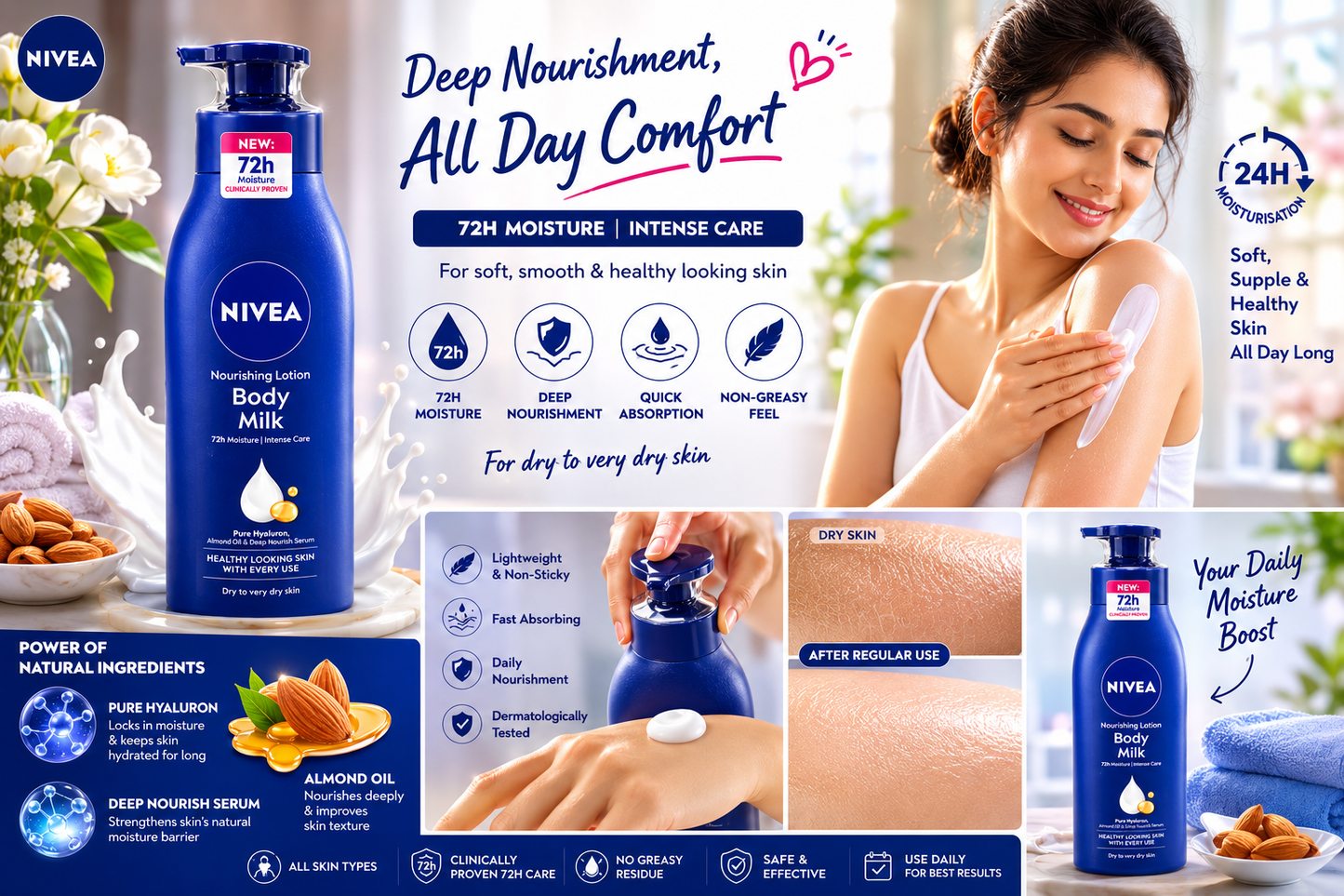 NIVEA Nourishing Body Milk Lotion for Dry to Very Dry Skin | 72-Hour Moisture Care | With Pure Hyaluron, Almond Oil & Deep Nourish Serum | Fast Absorbing Body Lotion | 400ml