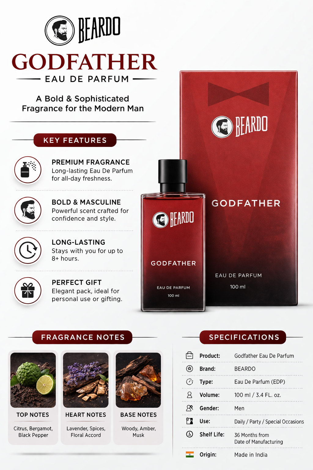 Beardo Godfather Eau De Parfum for Men, Long-Lasting Spicy Citrus Perfume with Basil, Geranium, Musk & Patchouli, 100ml