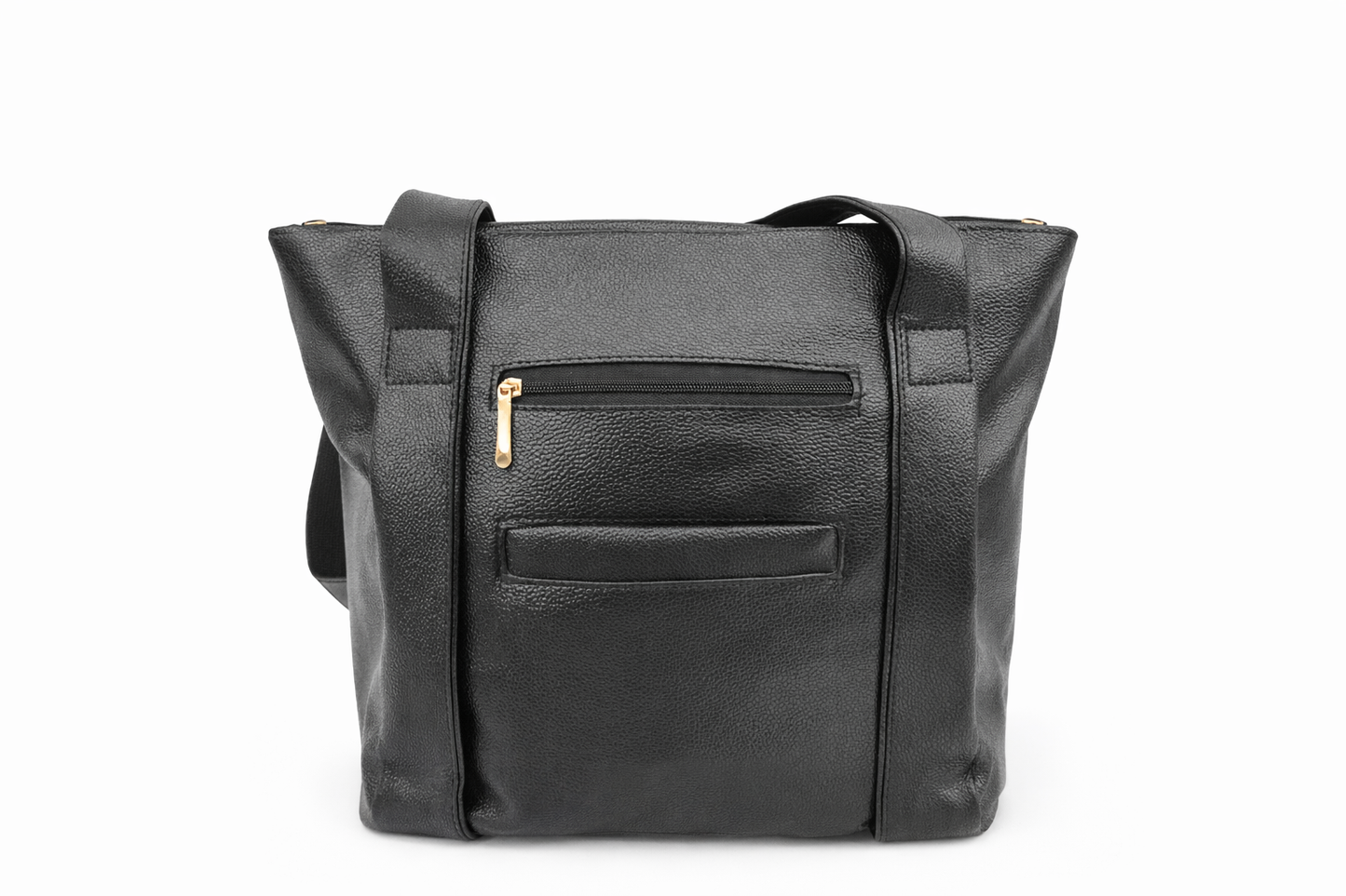 Black Tote Bag for Women, Faux Leather Shoulder Handbag with Front Zip Pocket, Rear Slip Pocket