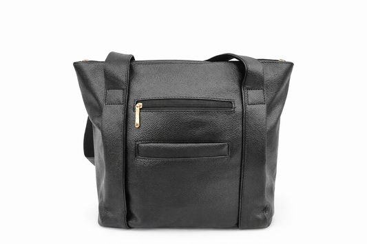 Black Tote Bag for Women, Faux Leather Shoulder Handbag with Front Zip Pocket, Rear Slip Pocket