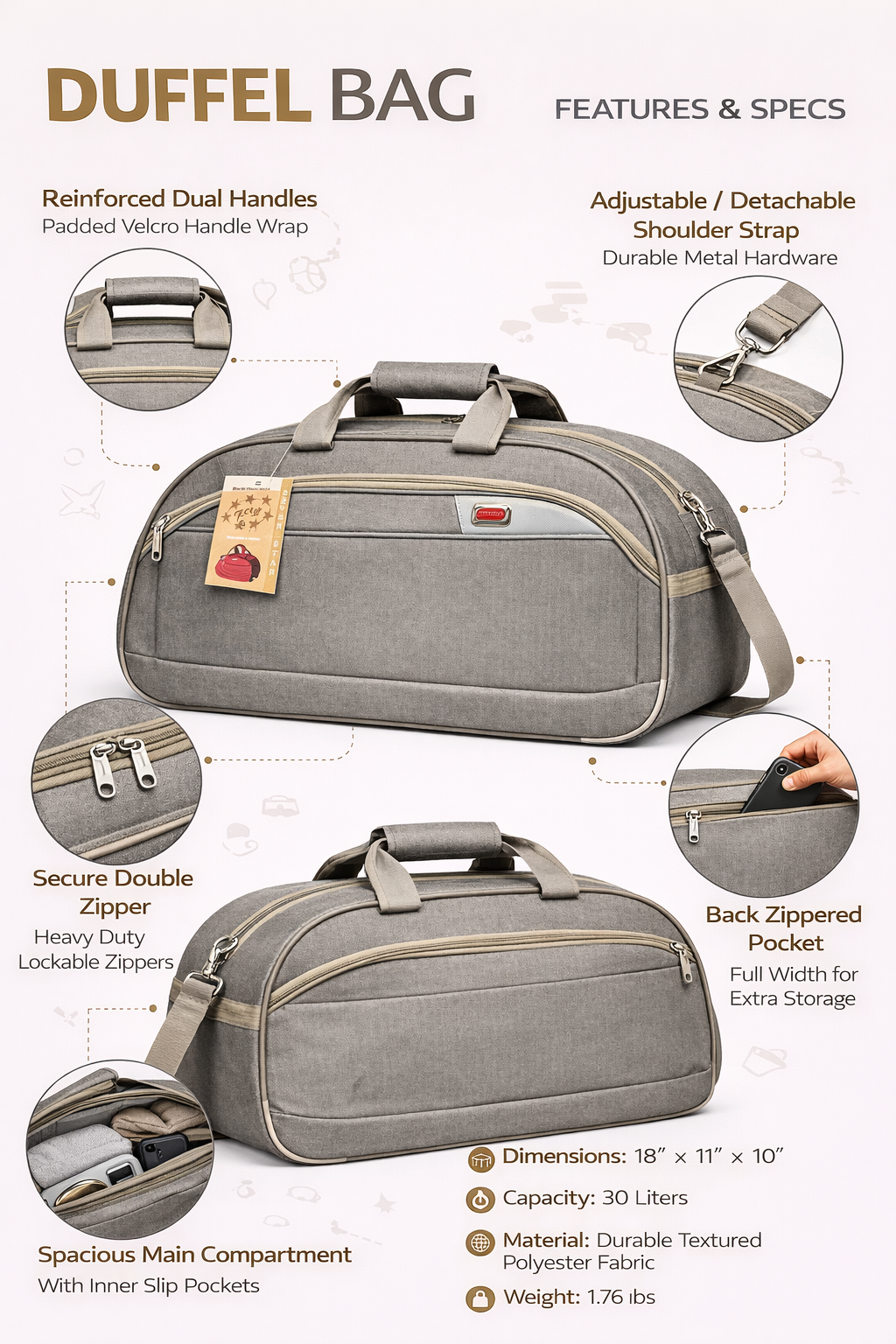 30L Travel Duffel Bag with Shoulder Strap, Spacious Weekender Gym Bag, Durable Polyester Overnight Luggage Bag, Grey