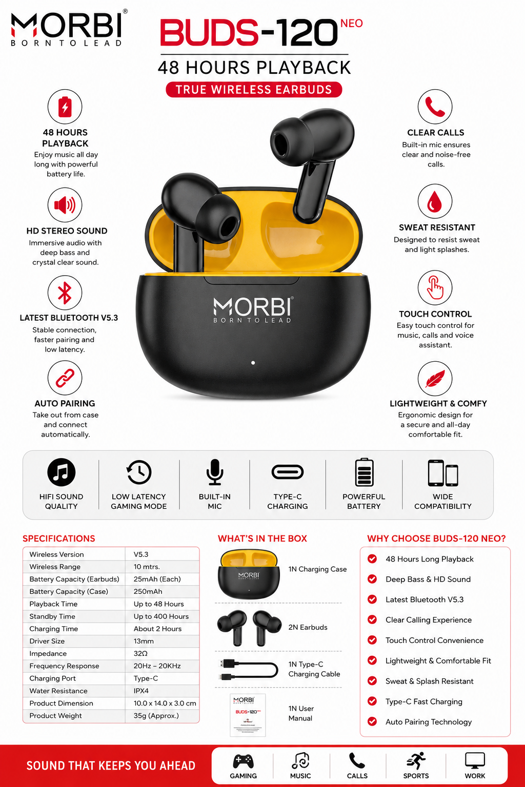 Morbi BUDS-120 NEO True Wireless Earbuds, Bluetooth 5.3, 48 Hours Playback, 13mm Driver, HD Stereo Sound, Touch Control, Low Latency Gaming Mode, Type-C Charging, IPX4