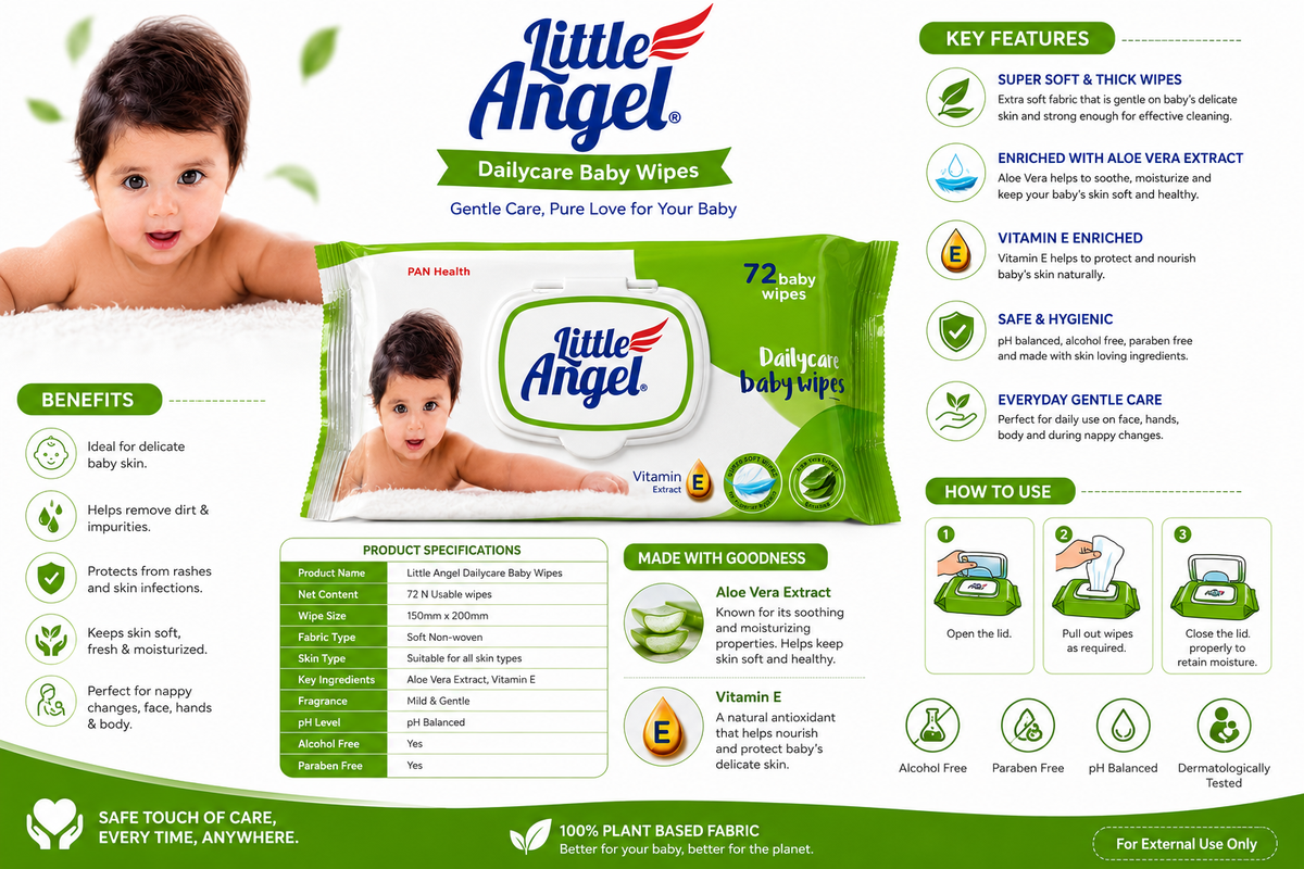 Little Angel Dailycare Baby Wipes with Aloe Vera & Vitamin E | Soft & Thick Baby Wipes | Alcohol Free & Paraben Free | pH Balanced | Gentle Care for Baby Skin | 72 Wipes