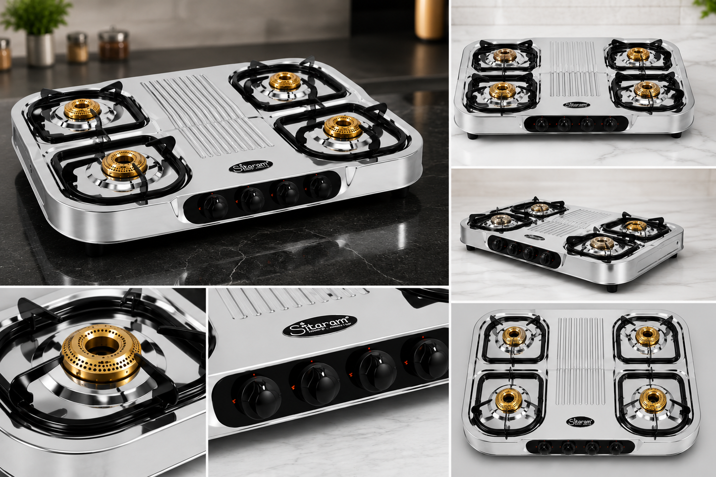 Sitaram SR-411 Diamond 4 Burner Gas Stove | Stainless Steel Body | Brass Burners | Heavy Duty Pan Support | Manual Ignition LPG Gas Stove | Silver