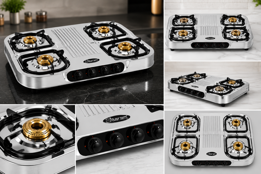 Sitaram SR-411 Diamond 4 Burner Gas Stove | Stainless Steel Body | Brass Burners | Heavy Duty Pan Support | Manual Ignition LPG Gas Stove | Silver