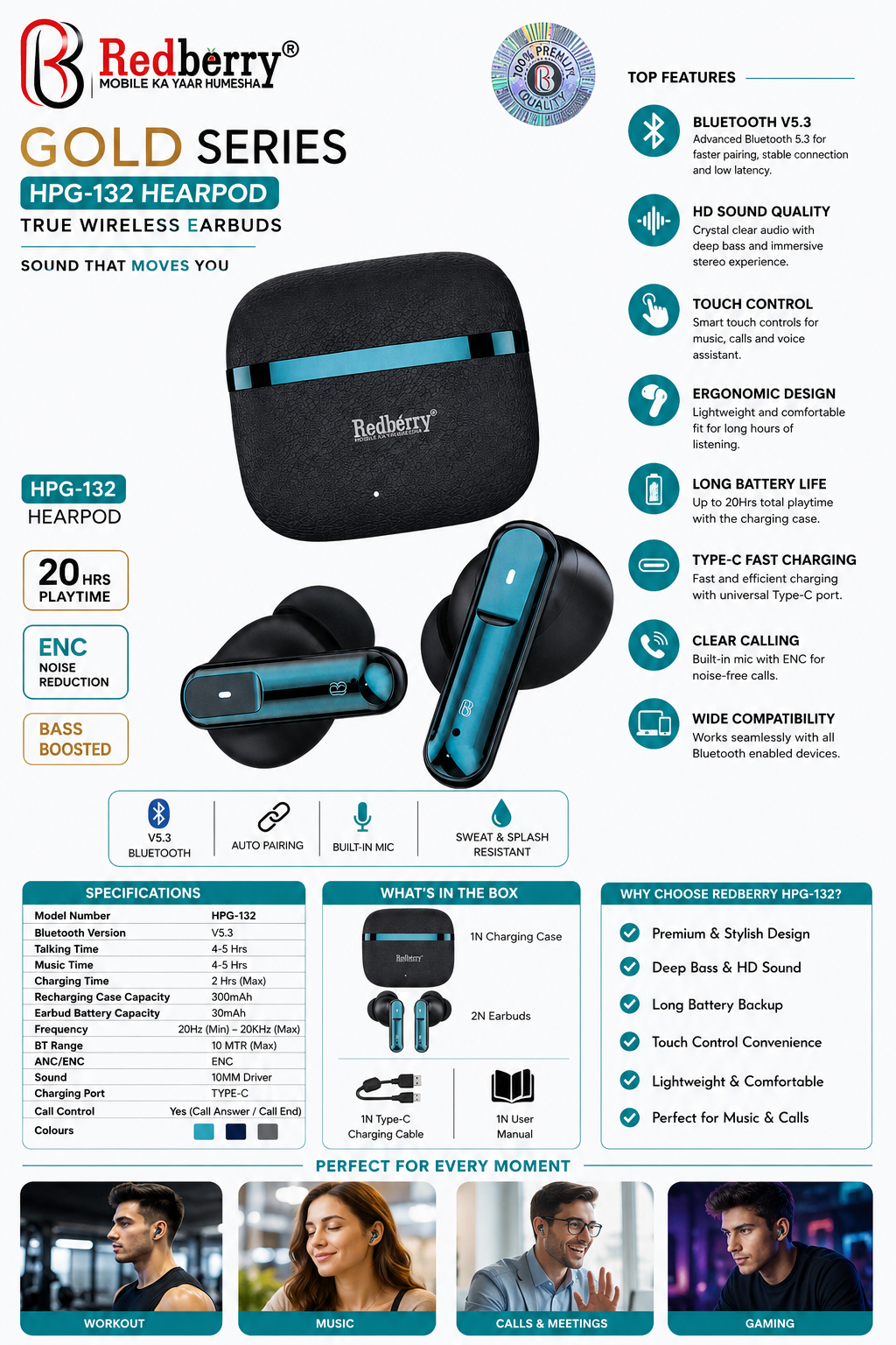 Redberry HPG-132 Gold Series True Wireless Earbuds, Bluetooth 5.3, ENC Noise Reduction, Touch Control, Deep Bass HD Sound, Type-C Charging, Up to 20 Hrs Playtime