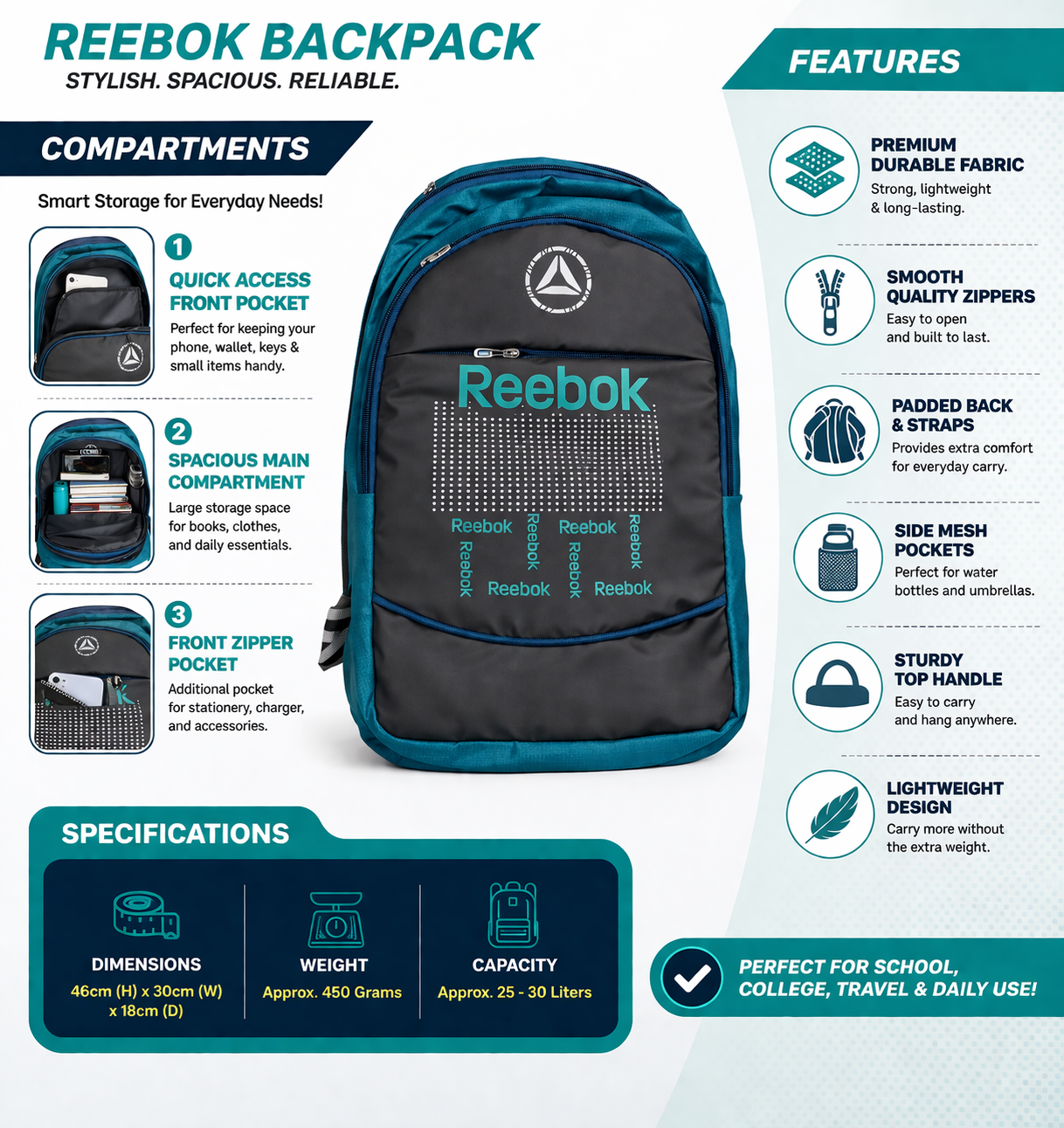 Reebok Backpack for Men and Women, Lightweight School College Travel Backpack with Spacious Compartments