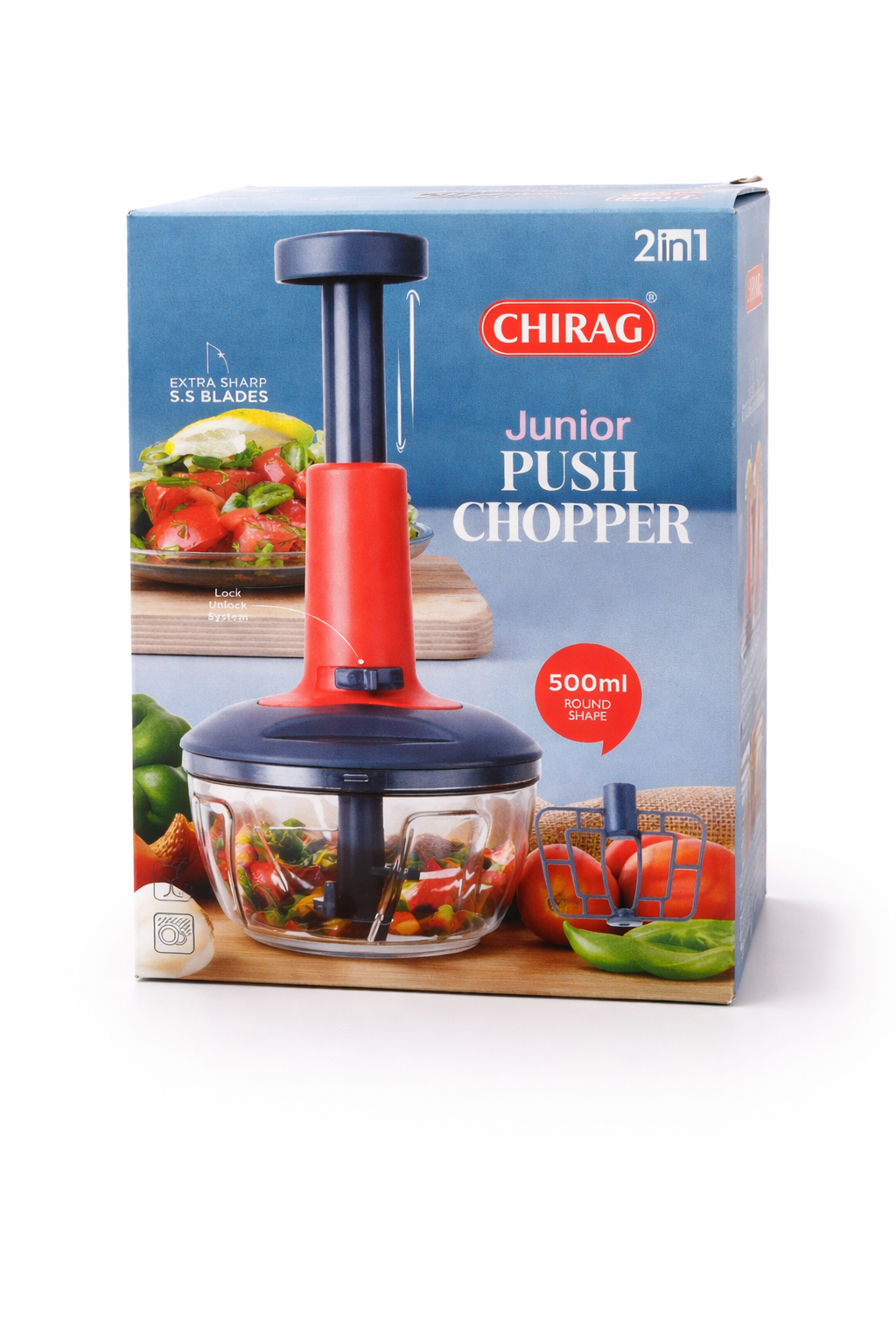 Chirag Junior Push Chopper 650ml | Manual Vegetable Chopper with Stainless Steel Blades | 2-in-1 Chopper & Whisker | Easy Push Operation | Kitchen Food Processor for Onion, Garlic & Vegetables