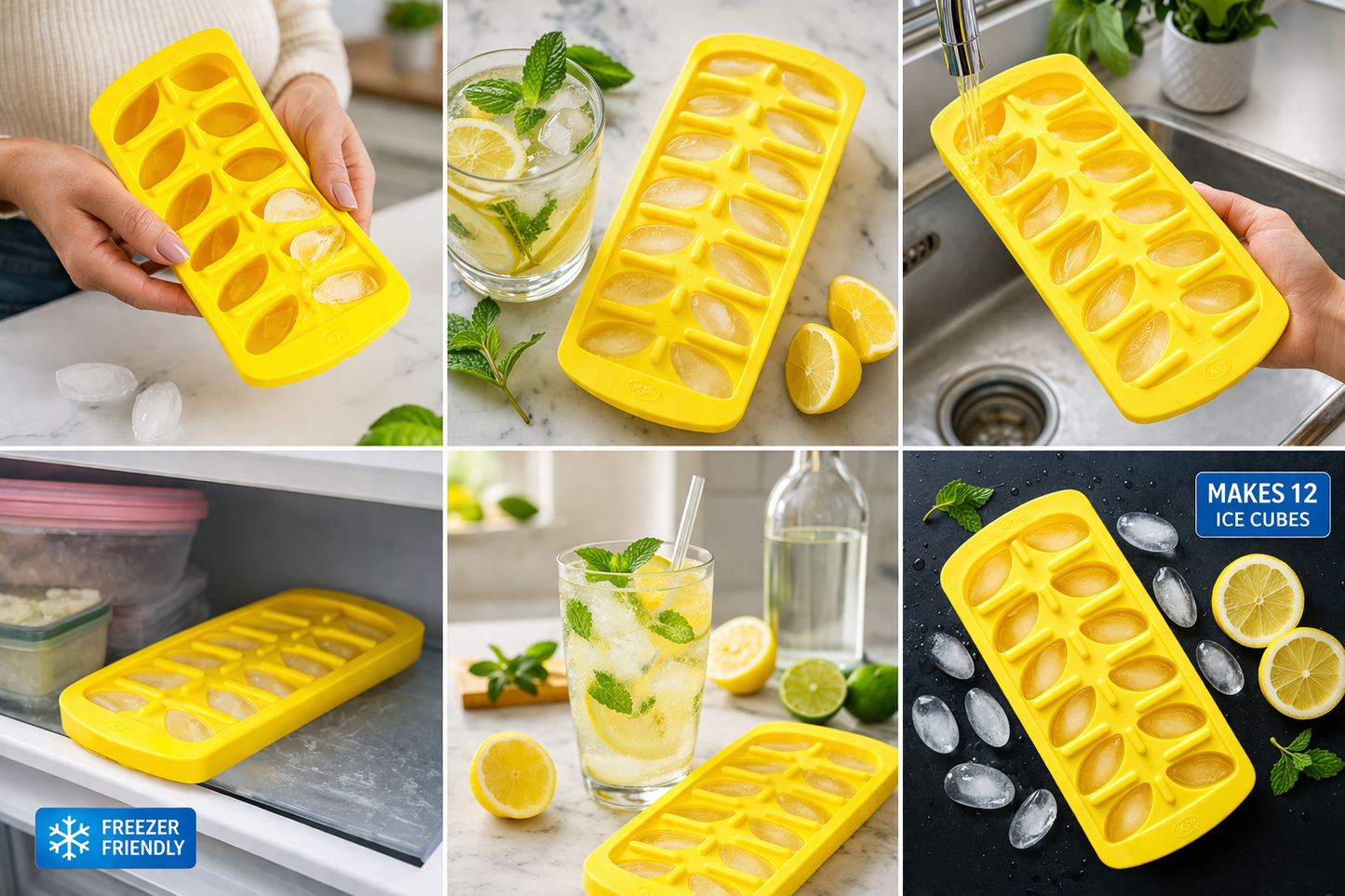 12 Cavity Ice Cube Tray | BPA-Free Plastic Ice Tray with Oval Moulds | Easy Release Flexible Ice Maker | Leakproof & Dishwasher Safe | Freezer Ice Tray for Home Kitchen