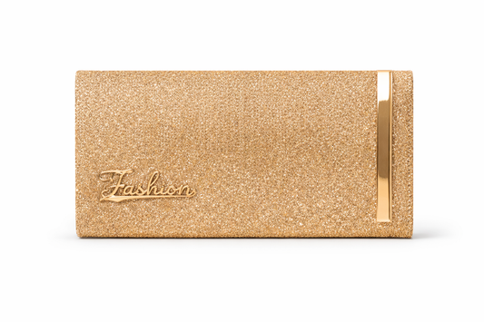 Women's Gold Glitter Evening Clutch Purse with Metal Detail, Slim Party Wallet for Weddings and Events