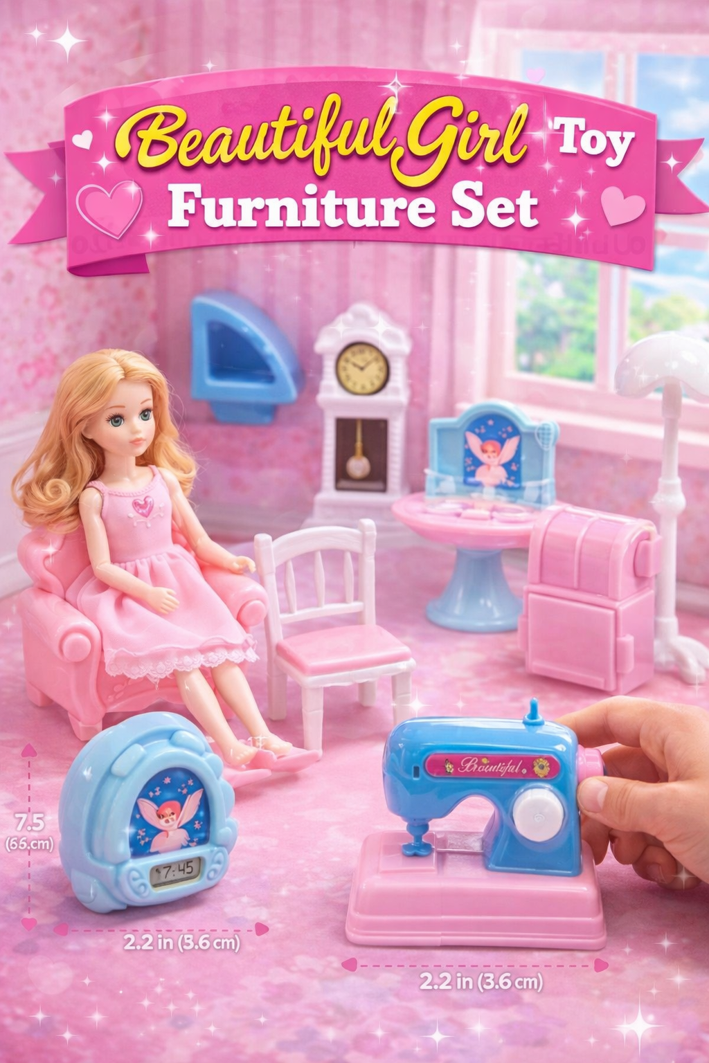 Mini Dollhouse Furniture Set for Kids (3+ Years) – 8 Pieces 1:12 Scale Miniature Furniture, Cute Dollhouse Accessories Set for Girls