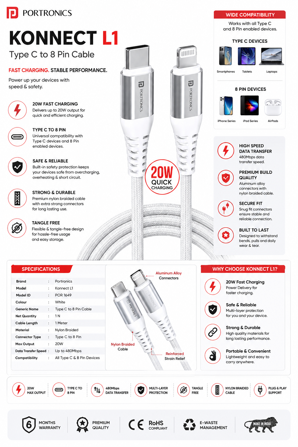 ortronics Konnect L1 Type C to 8 Pin Cable, 20W Fast Charging & 480Mbps Data Transfer, Nylon Braided Cable with Aluminum Alloy Connectors, 1 Meter, White