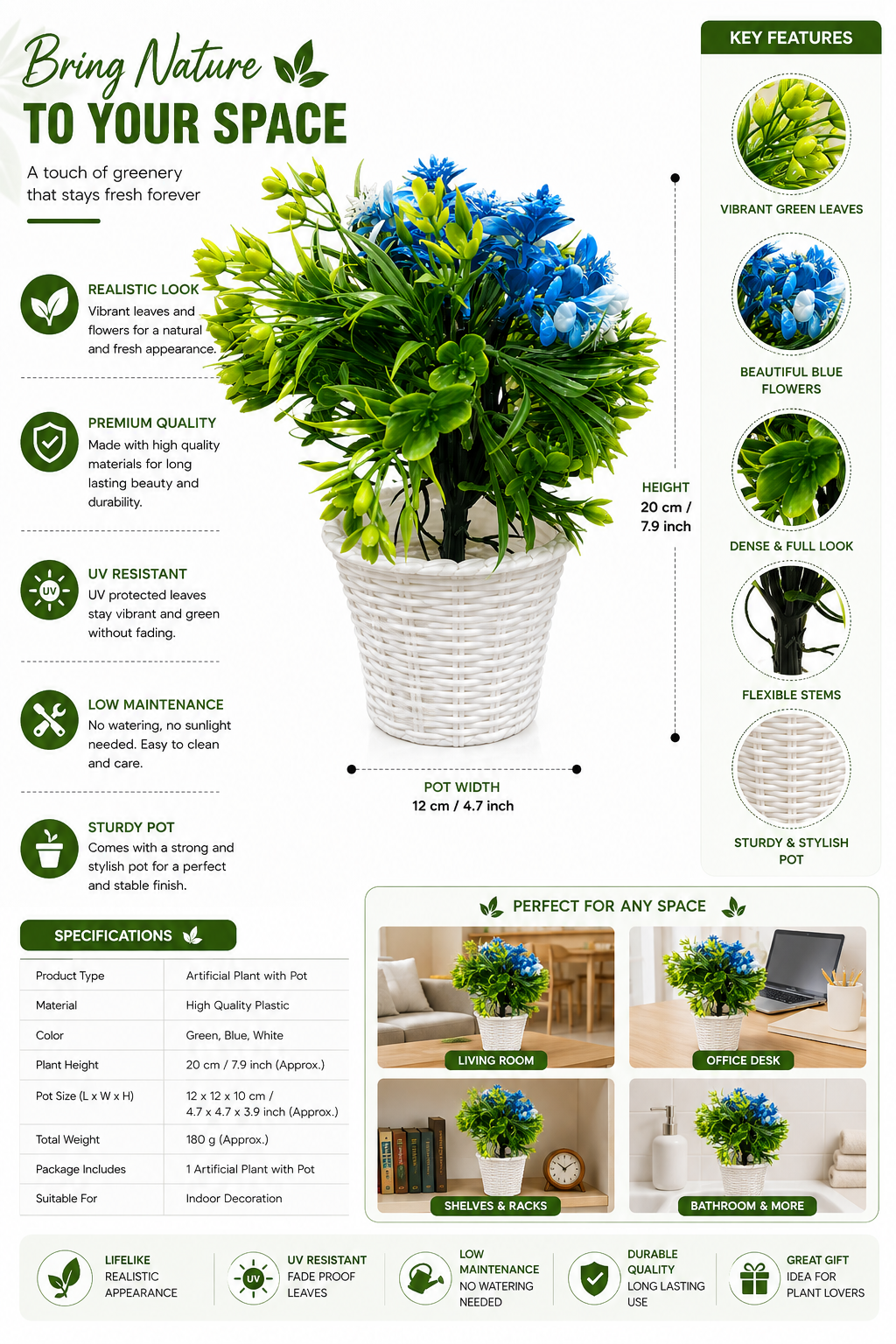 Artificial Plant with Pot for Home Decor, Blue Flower Artificial Plant with Green Leaves, Faux Decorative Plant for Living Room, Bedroom, Office, Table, Shelf & Indoor Decoration, 20 cm
