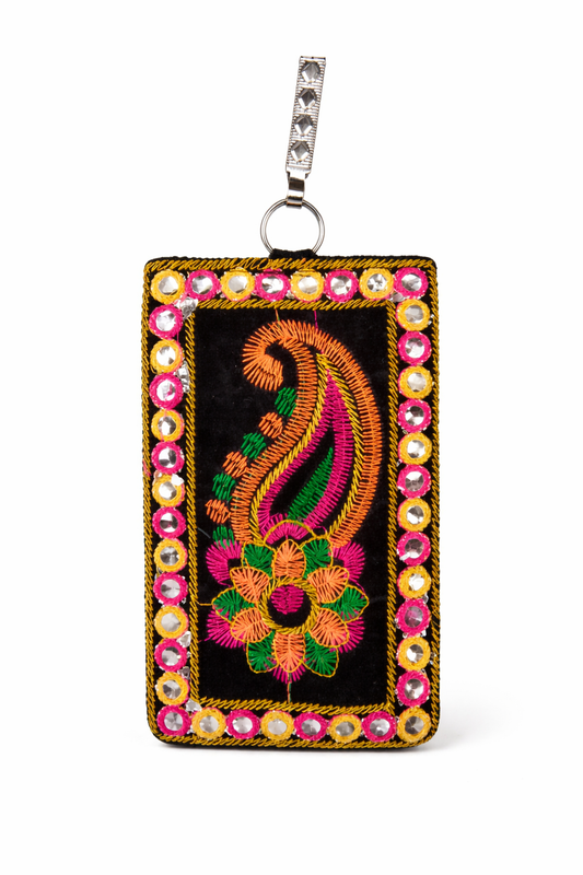 Handmade Embroidered Velvet Phone and Card Holder for Women, Rhinestone Mobile Pouch with Keychain Strap, Small Pocket Wallet and Card Case, Black Multicolor