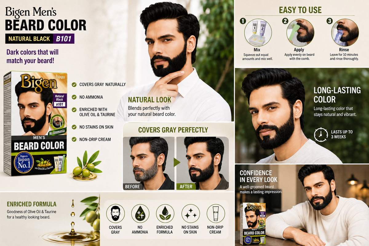 Bigen Men's Beard Color B101 Natural Black, Ammonia-Free Beard & Moustache Dye, Grey Coverage, Enriched with Olive Oil & Taurine, Non-Drip Cream, Easy Application