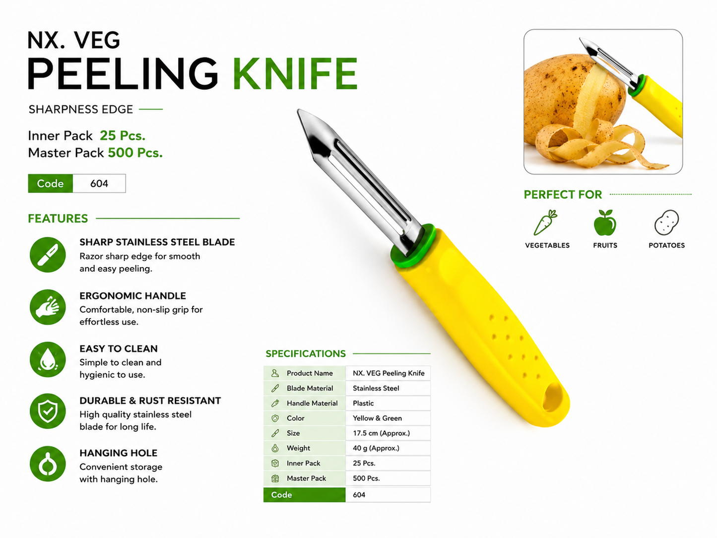 Royal NX Vegetable Peeler, Stainless Steel Fruit & Vegetable Peeling Knife, Sharp Blade Kitchen Peeler with Ergonomic Handle, Rust Resistant Potato, Carrot, Apple & Cucumber Peeler, Yellow & Green