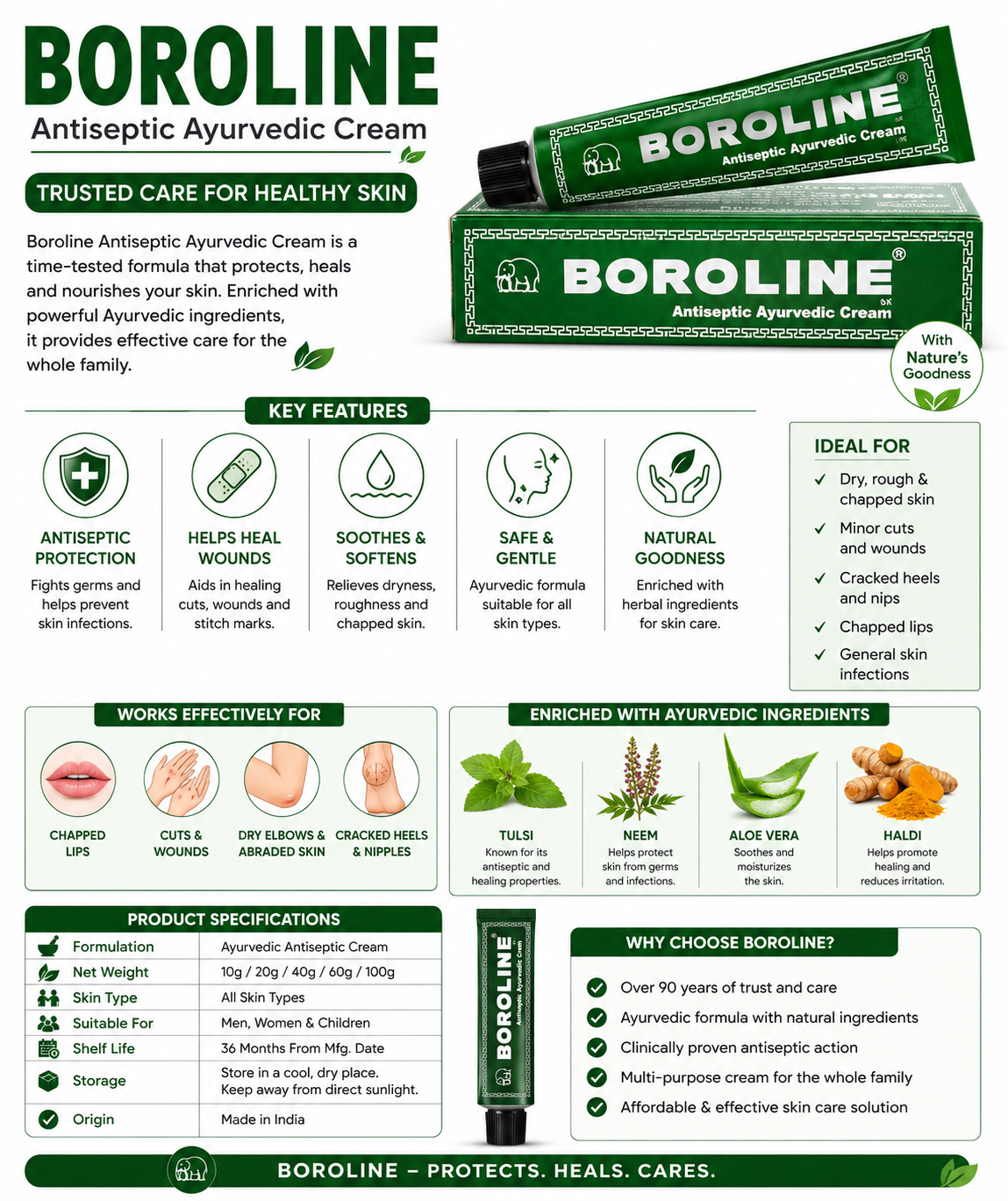 Boroline Antiseptic Ayurvedic Cream | Multi-Purpose Skin Care Cream for Dry, Rough & Chapped Skin | For Face, Hands & Body | Suitable for Men, Women & Children