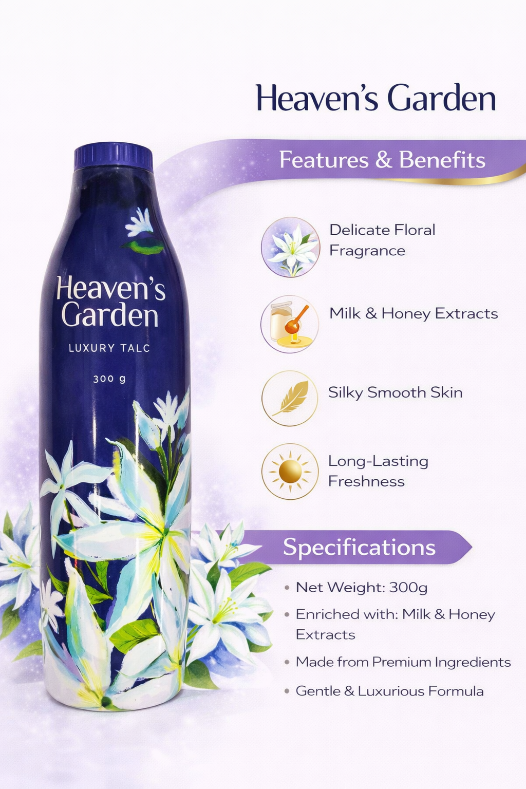 Heaven’s Garden Luxury Talc Powder 300g | Long Lasting Floral Fragrance | Milk & Honey Enriched Body Powder | Silky Smooth Skin & All-Day Freshness