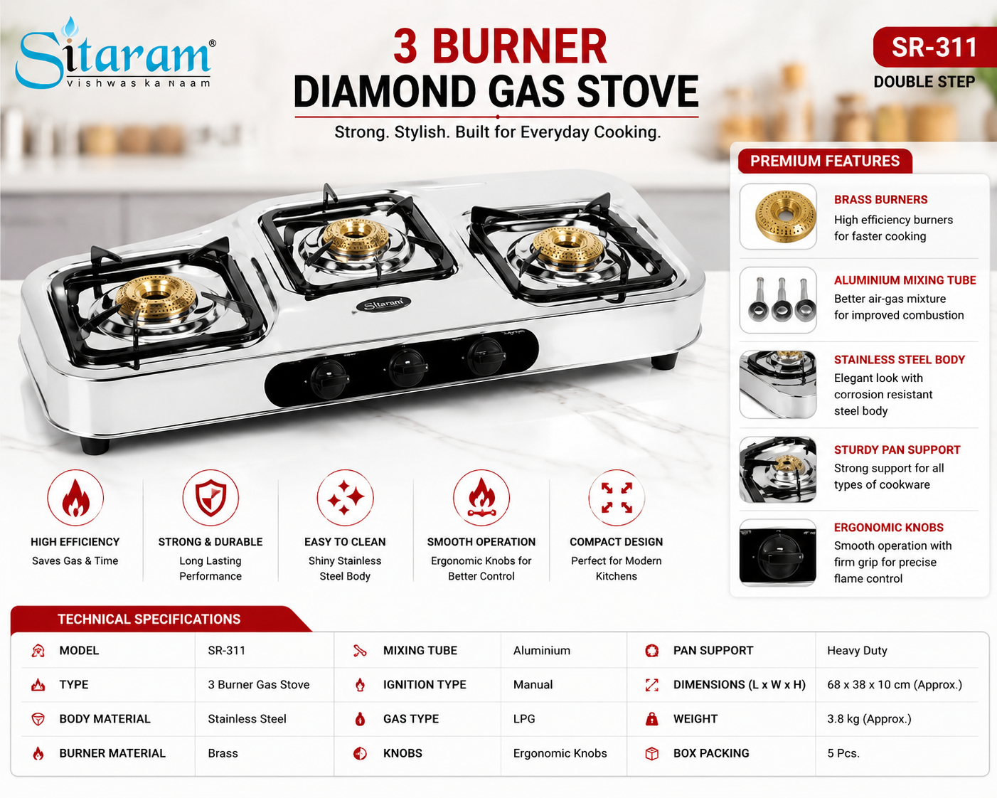 Sitaram SR-311 Diamond 3 Burner Gas Stove | Stainless Steel Body | Brass Burners | Heavy Duty Pan Support | Manual Ignition LPG Gas Stove | Silver