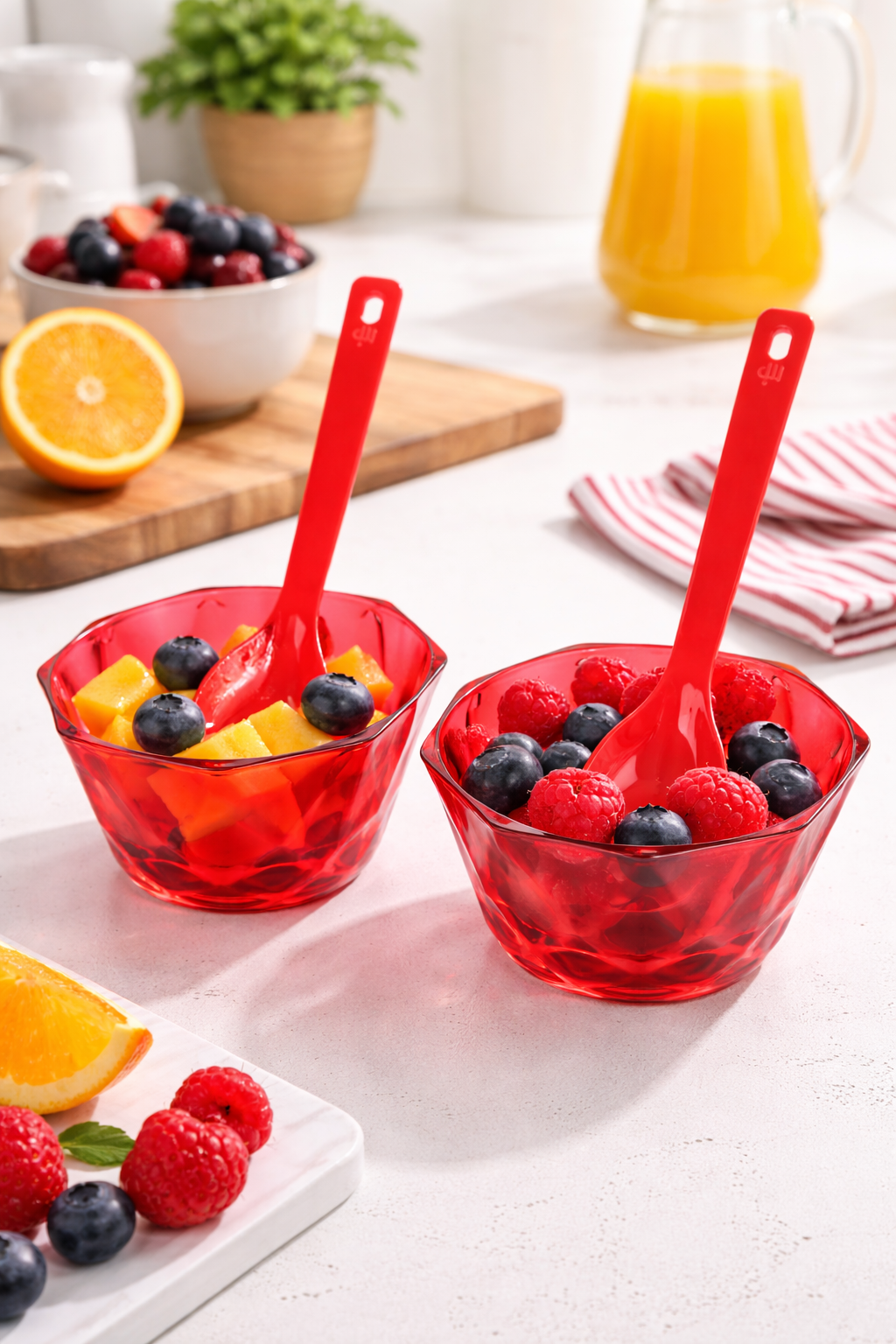 Red Translucent Bowl & Spoon Set (2-Piece) – Stylish Octagonal Plastic Snack & Dessert Bowls with Spoons