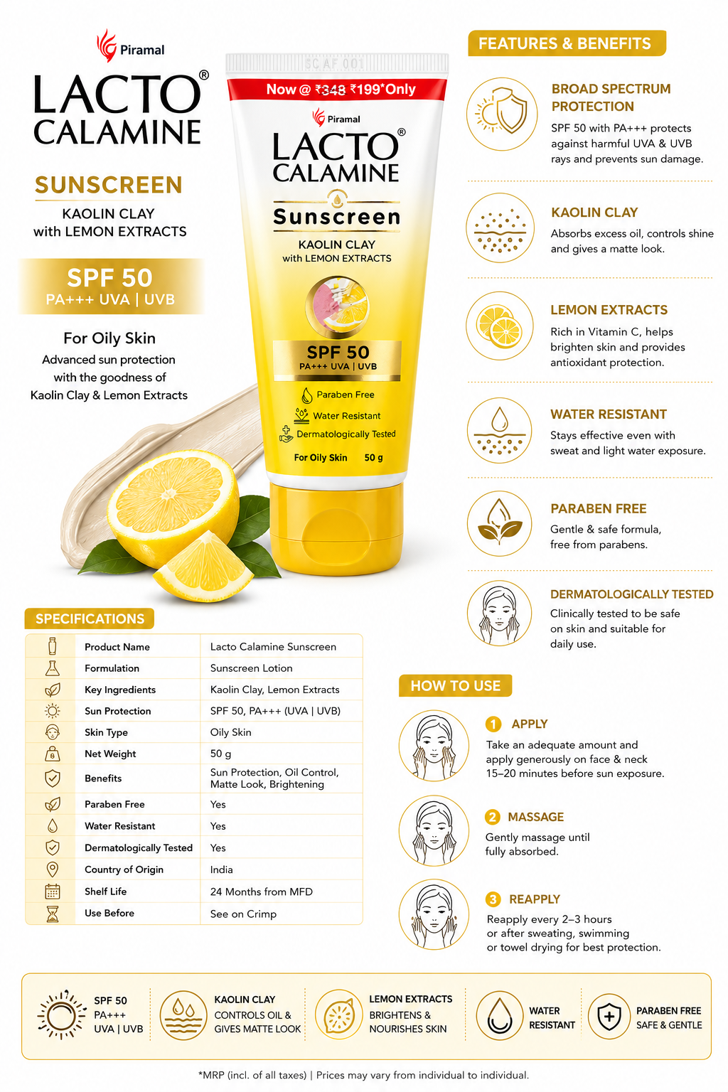 Lacto Calamine Sunscreen SPF 50 PA+++ for Oily Skin, Kaolin Clay & Lemon Extracts, UVA & UVB Protection, Oil Control Matte Finish, Water Resistant, Paraben Free, 50g