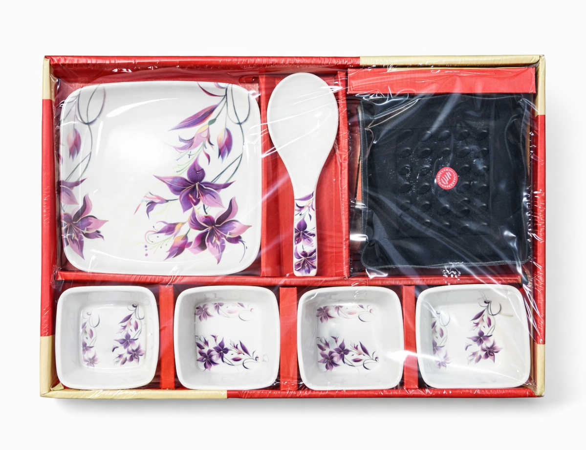 12 Piece Serving Set with Tray & Spoon | Floral Design Ceramic Bowls Set