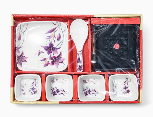 12 Piece Serving Set with Tray & Spoon | Floral Design Ceramic Bowls Set